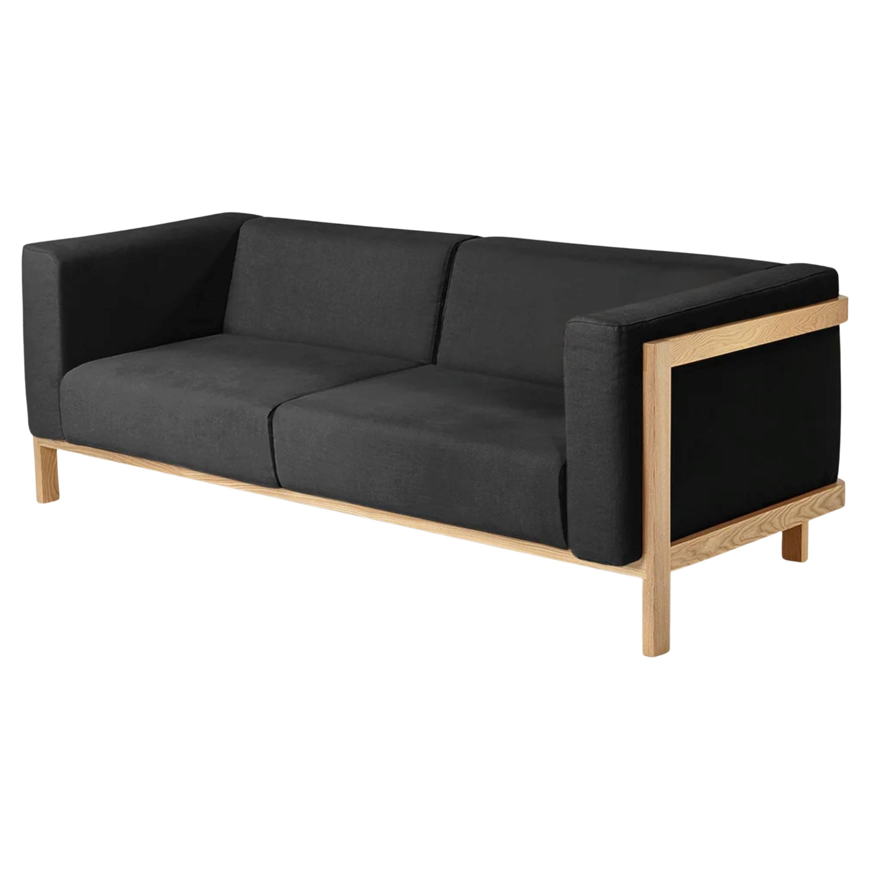 LIFT - Minimalist 3 Seats Sofa in Solid Ash Wood and Anthracite Fabric Seat For Sale