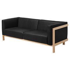 LIFT - Minimalist 3 Seats Sofa in Solid Ash Wood and Black Leather Seat