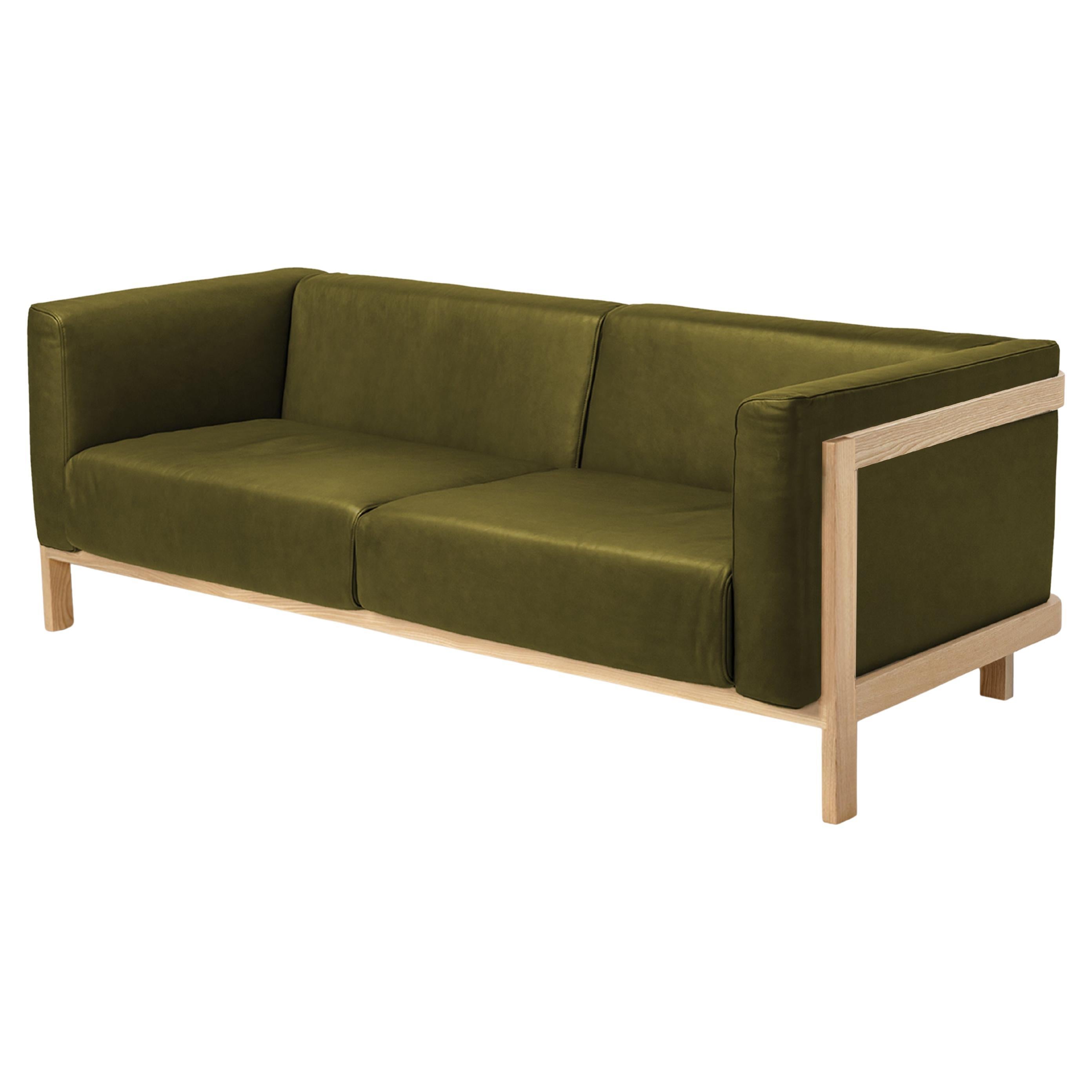 LIFT - Minimalist 3 Seats Sofa in Solid Ash Wood and Bosco Leather Seat