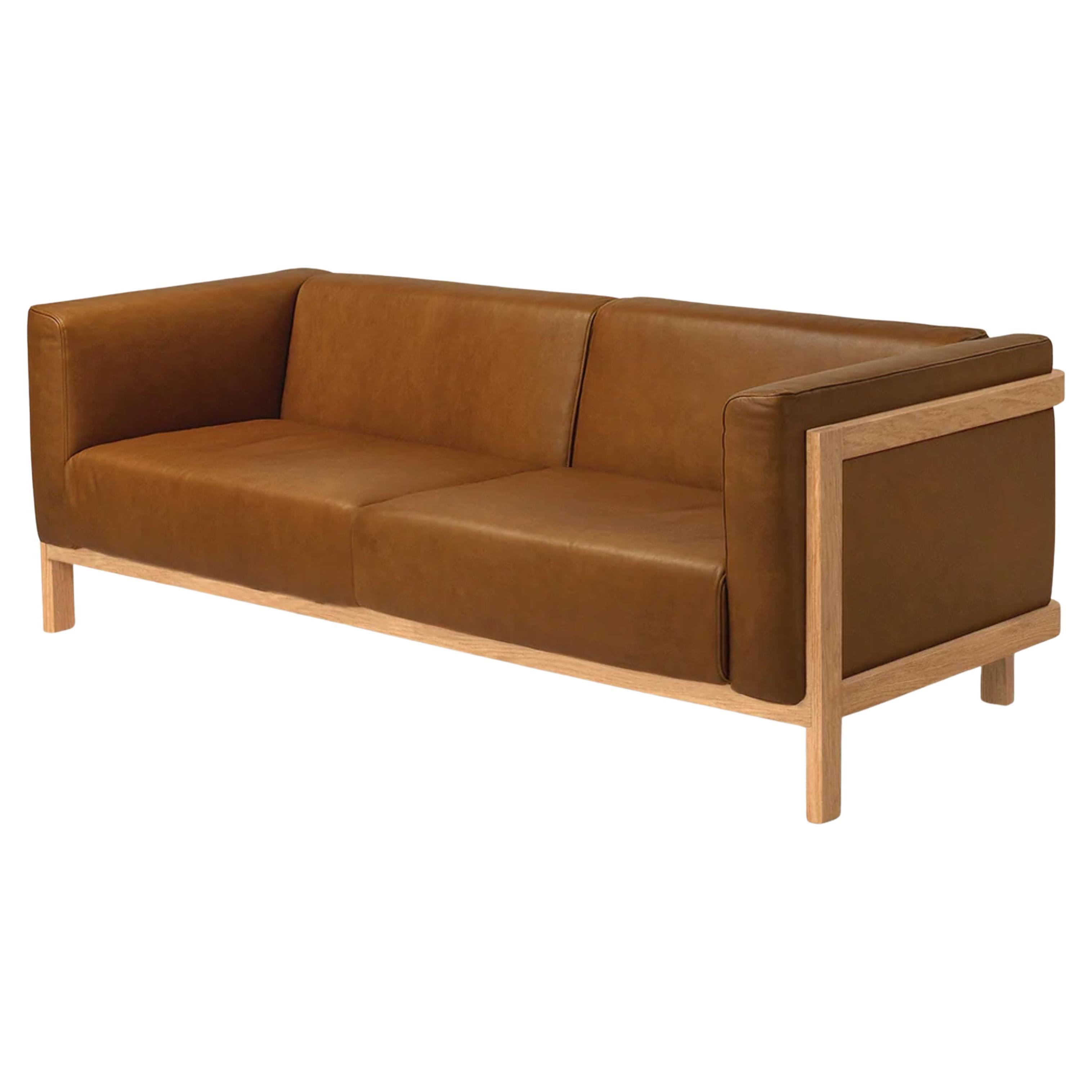 LIFT - Minimalist 3 Seats Sofa in Solid Oak Wood and Camel Leather Seat