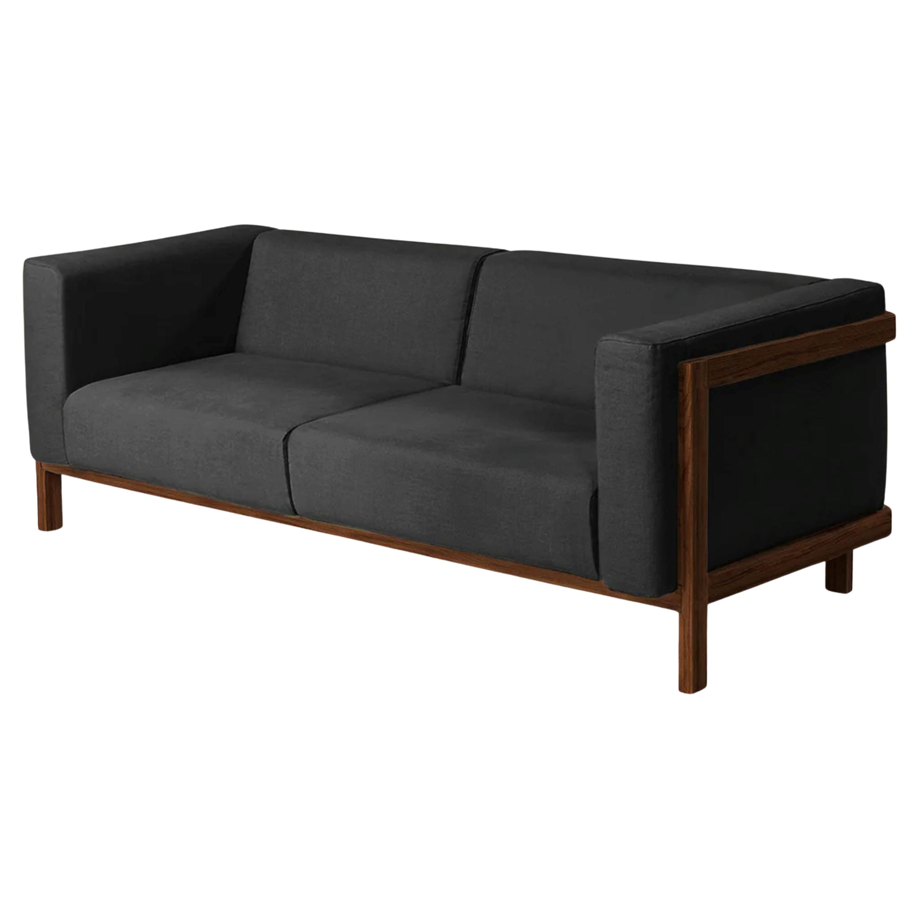 LIFT - Minimalist 3 Seats Sofa in Solid Walnut Wood and Anthracite Fabric Seat