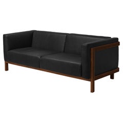 LIFT - Minimalist 3 Seats Sofa in Solid Walnut Wood and Black Leather Seat
