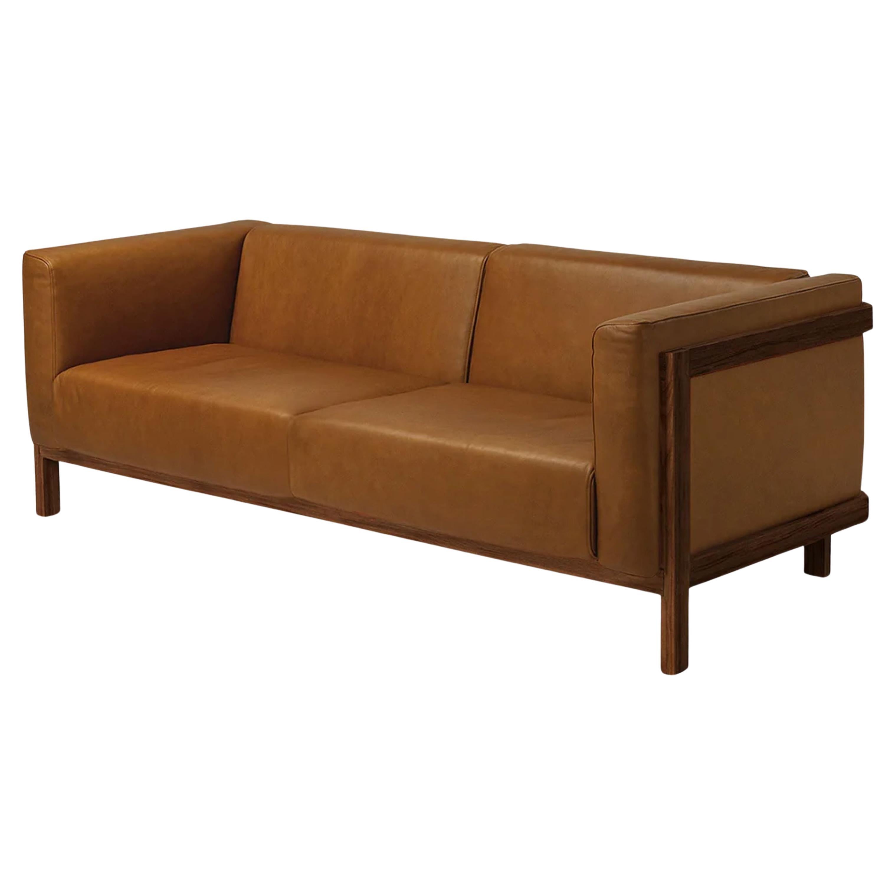 LIFT - Minimalist 3 Seats Sofa in Solid Walnut Wood and Camel Leather Seat