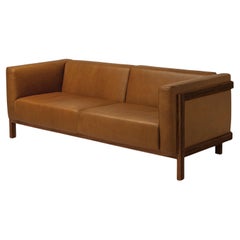 LIFT - Minimalist 3 Seats Sofa in Solid Walnut Wood and Camel Leather Seat