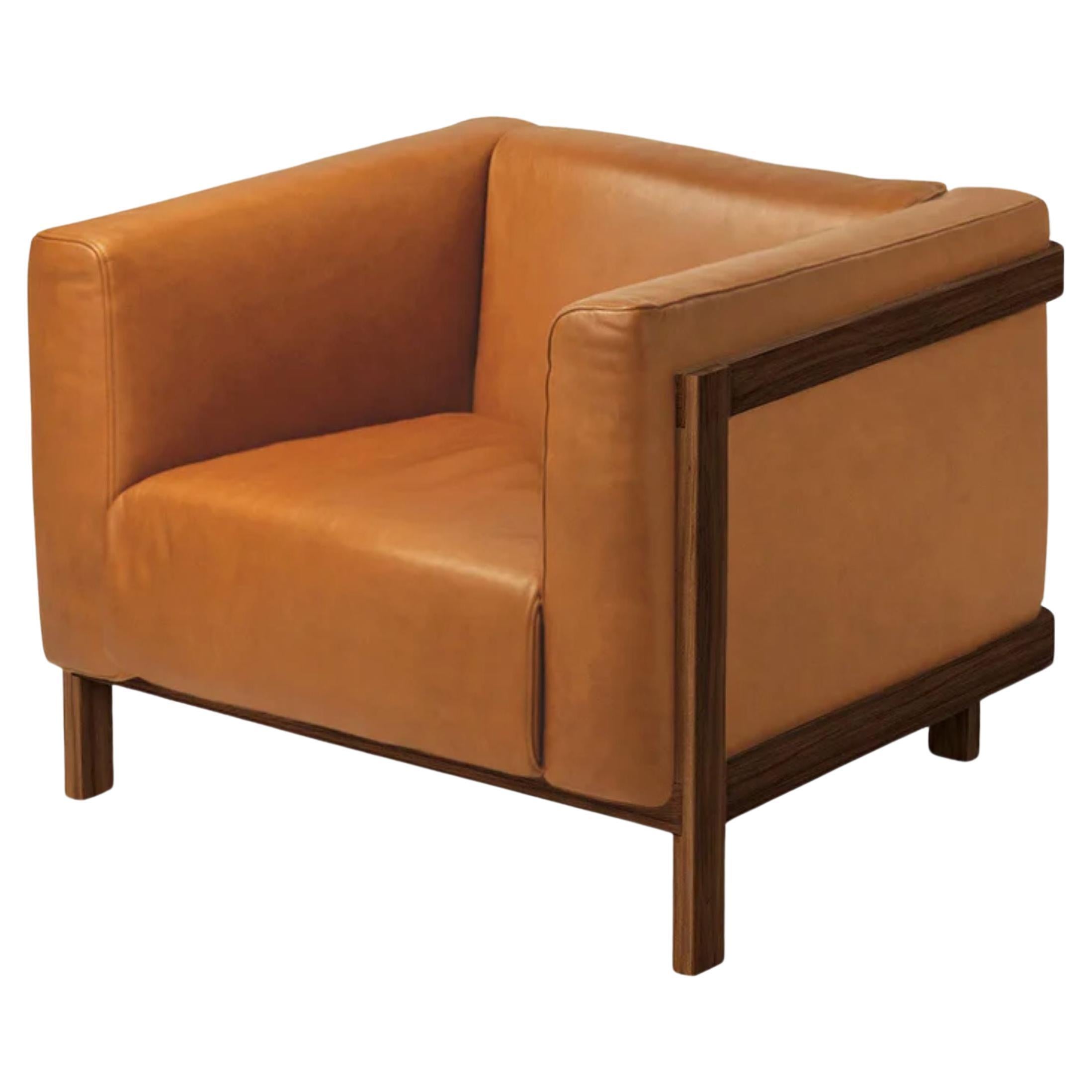 LIFT – Minimalist Lounge Chair in Solid Walnut Wood and Camel Leather Seat