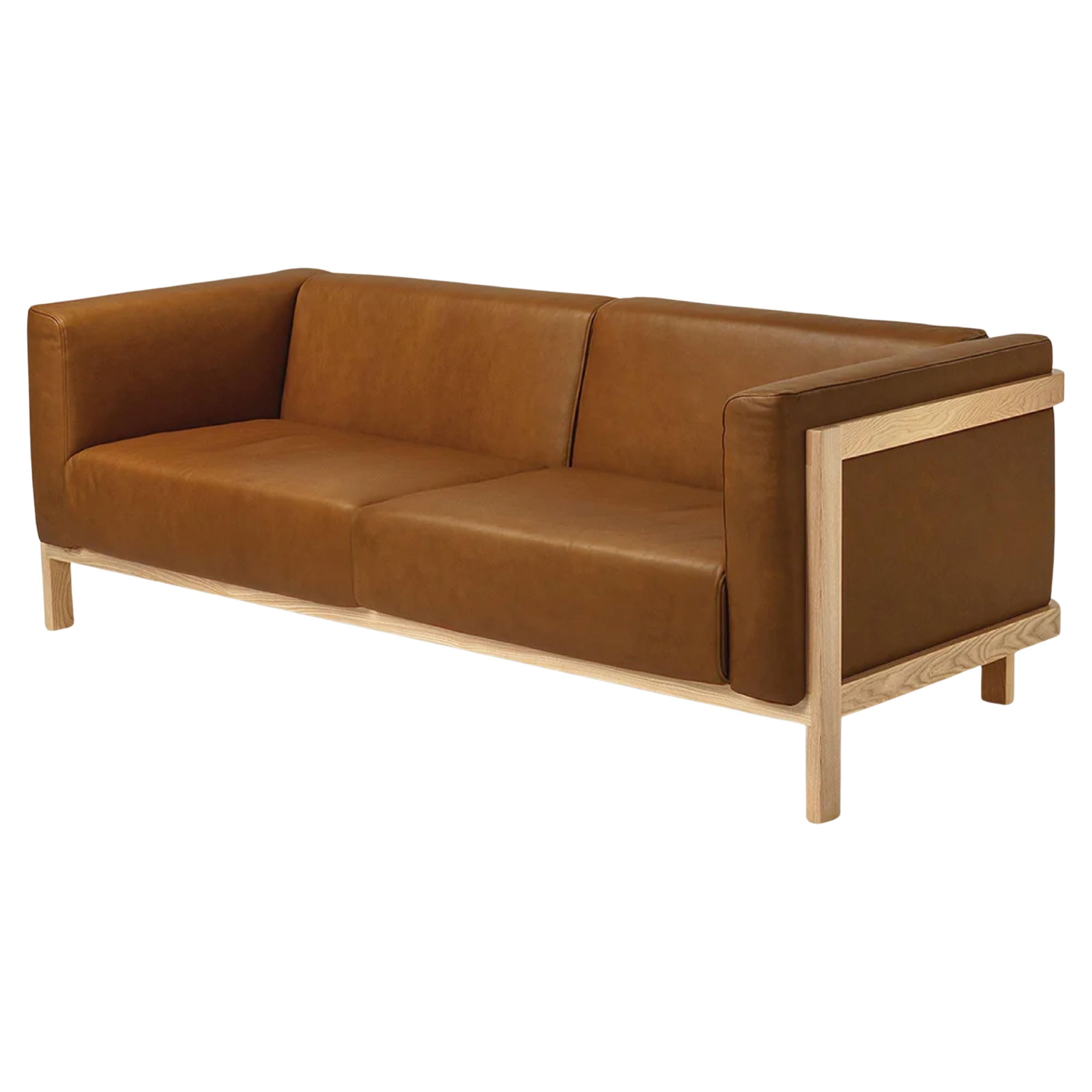 LIFT - Minimalist 3 Seats Sofa in Solid Ash Wood and Camel Leather Seat
