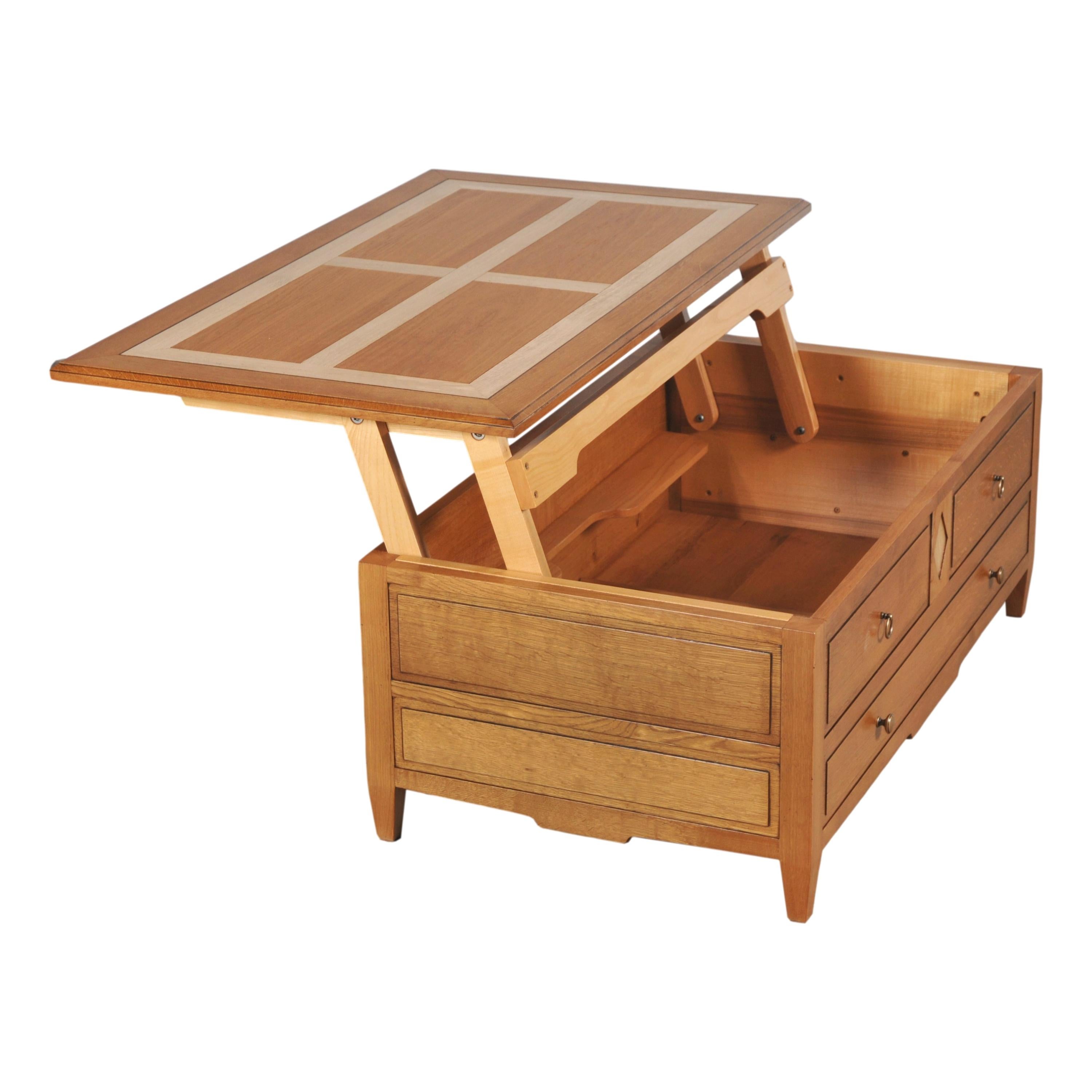 Hand-Crafted Liftable coffee table for TV diners in solid oak, storage for bottles & glasses For Sale