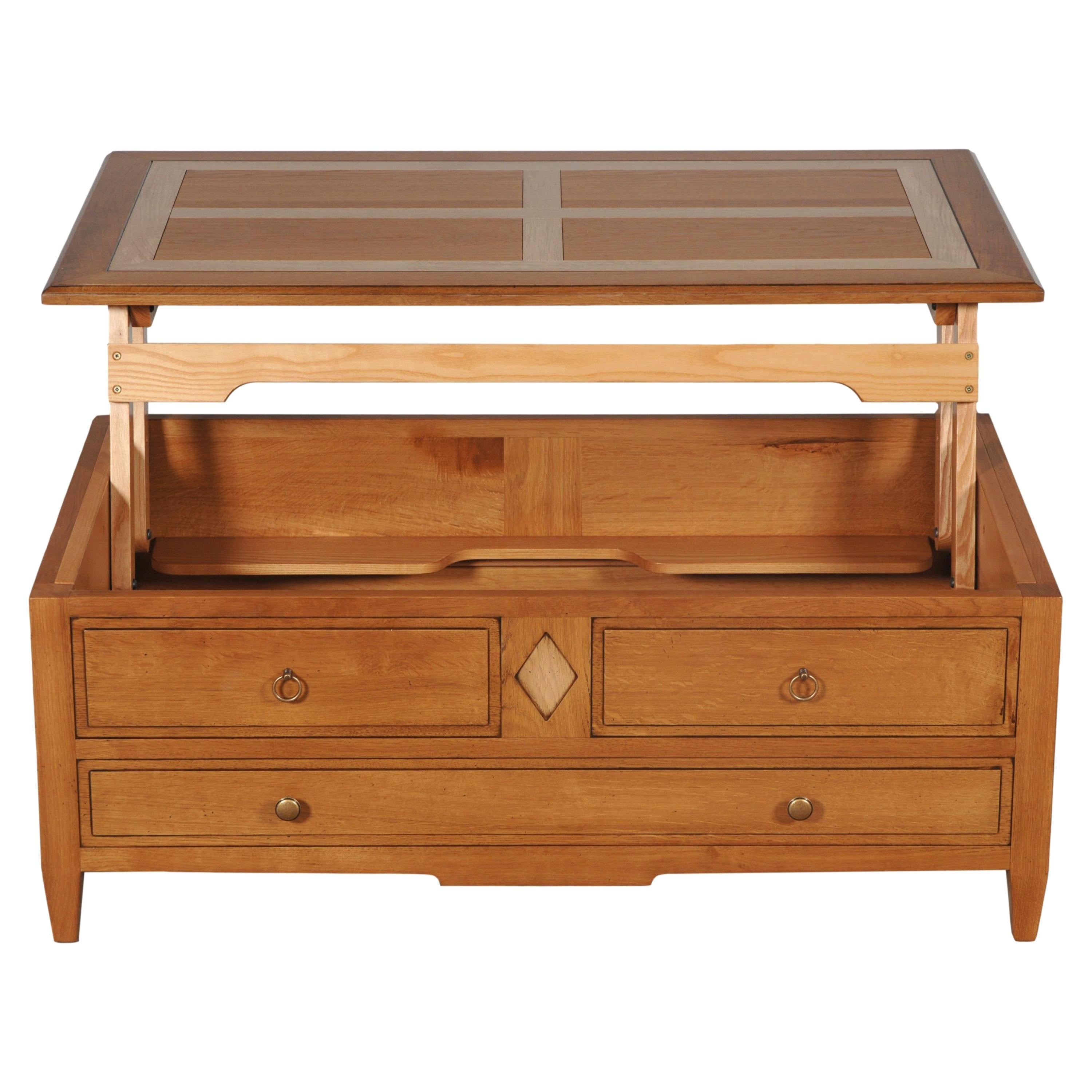 Liftable coffee table for TV diners in solid oak, storage for bottles & glasses For Sale