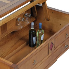 French Liftable "dinette" table in solid cherry - storage for bottles glasses