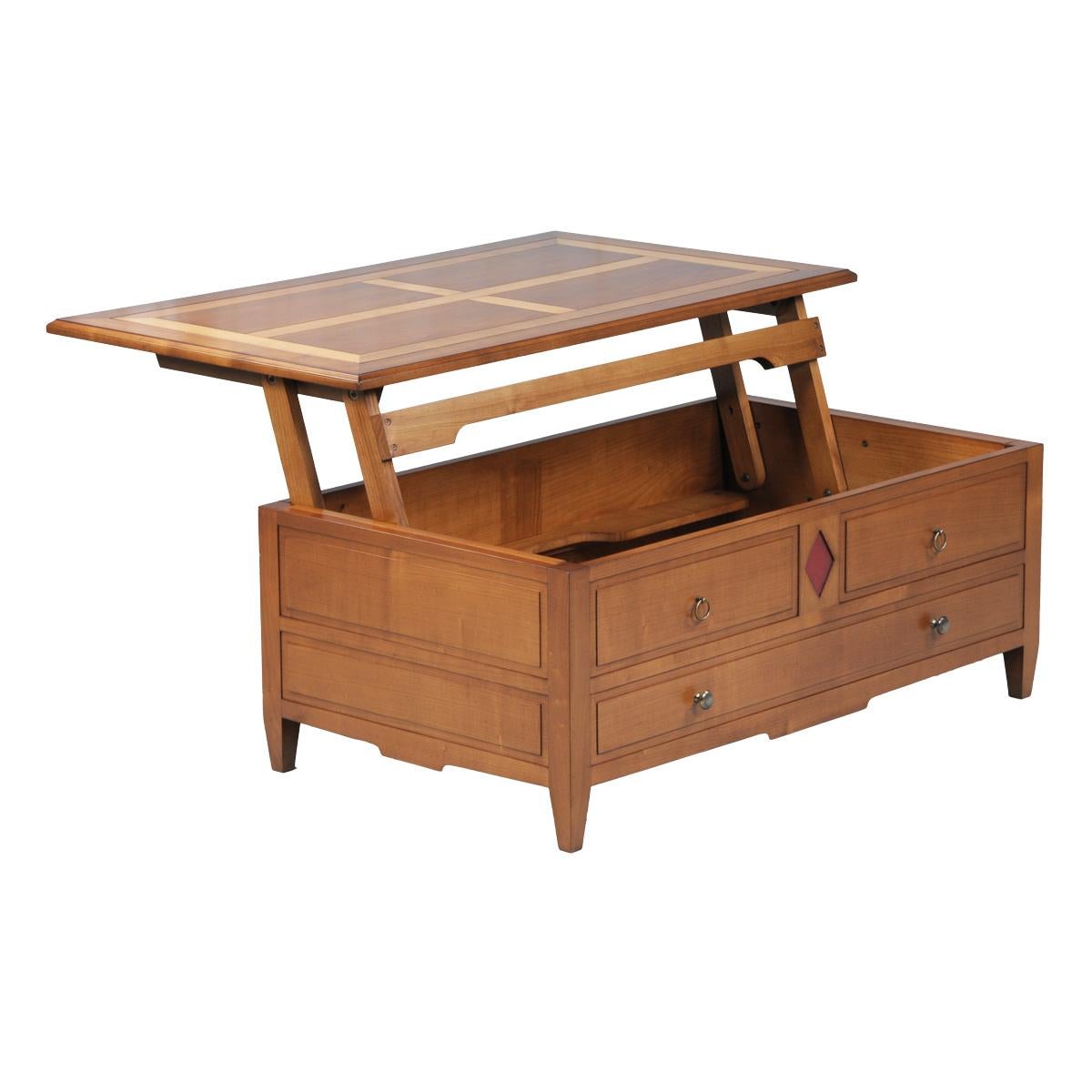 Directoire Liftable coffee table in solid cherry with storage for bottles glasses For Sale