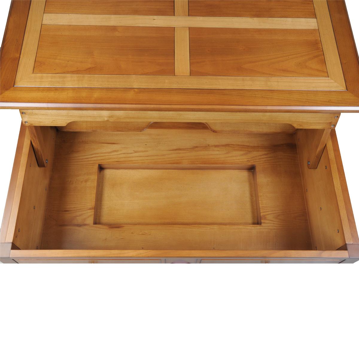 Hand-Crafted Liftable coffee table in solid cherry with storage for bottles glasses For Sale