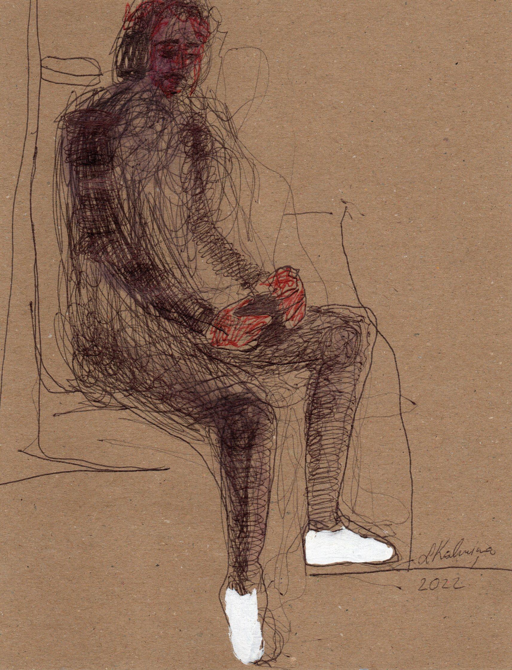A man in white sneakers . 2022. Paper/pen, 19.4x14.8 cm - Mixed Media Art by Liga Kalnina