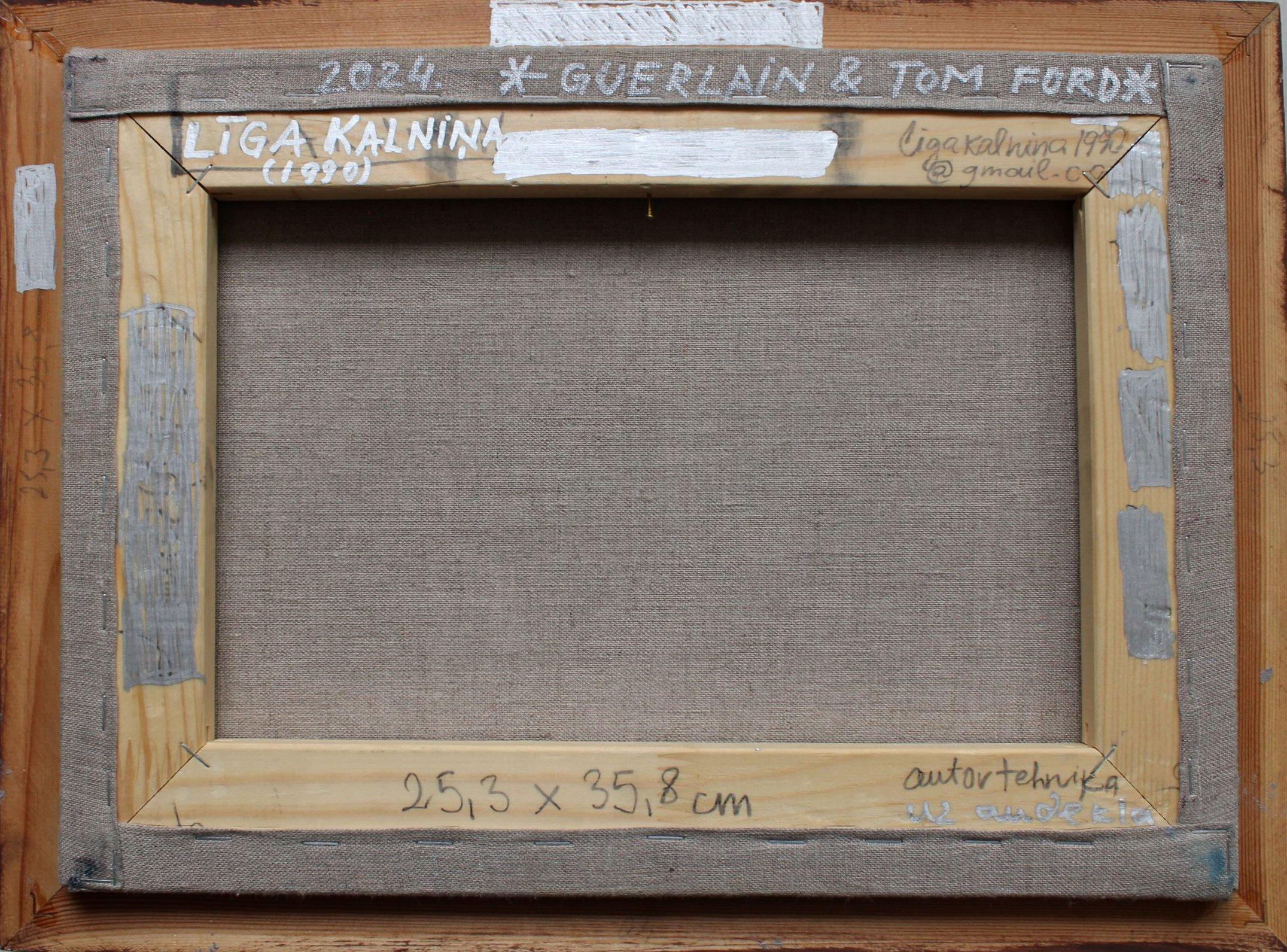 Guerlain & Tom Ford. Canvas/mixed media, 25x35 cm - Black Landscape Art by Liga Kalnina