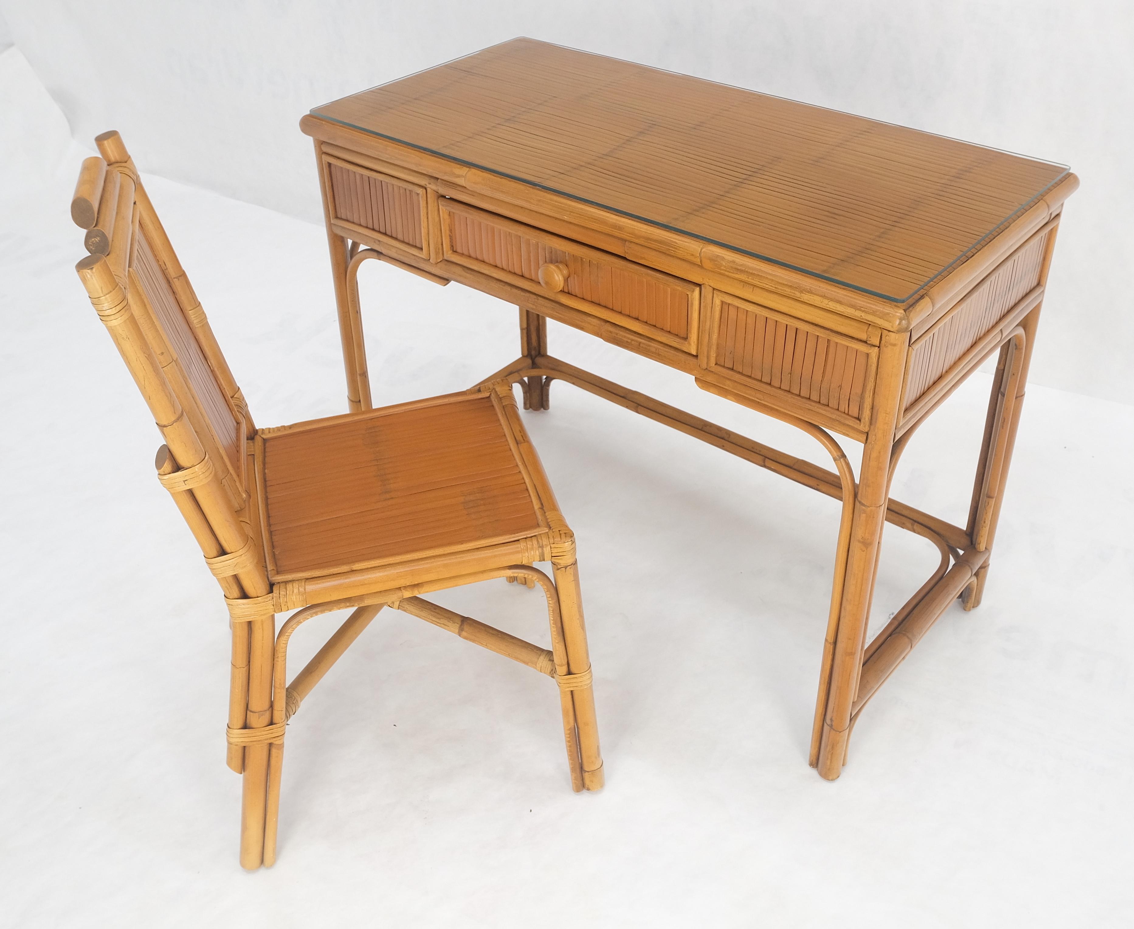 Mid-Century Modern Light Amber Bamboo Glass Top One Drawer Low Profile Compact Desk w/ Chair MINT