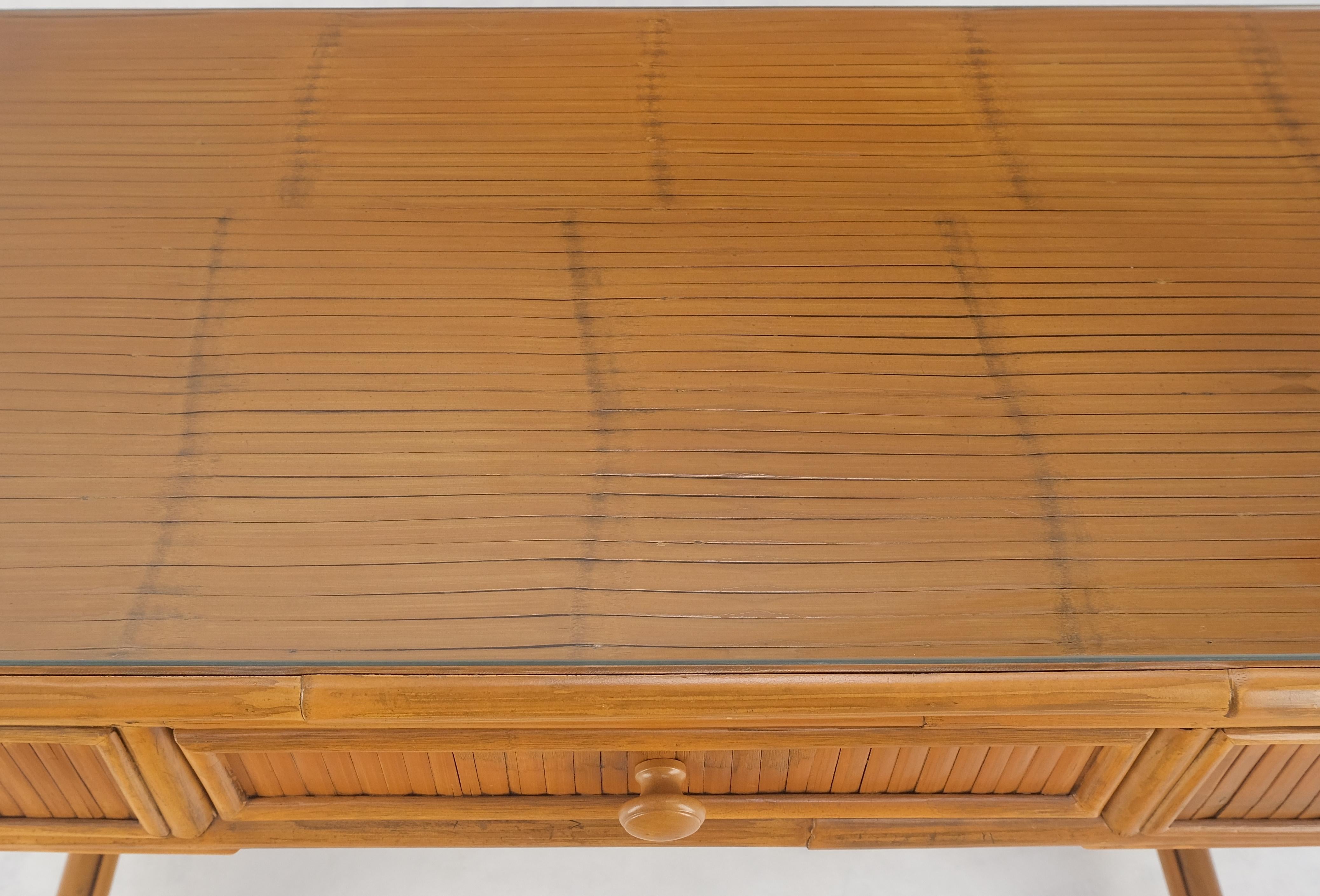 20th Century Light Amber Bamboo Glass Top One Drawer Low Profile Compact Desk w/ Chair MINT For Sale