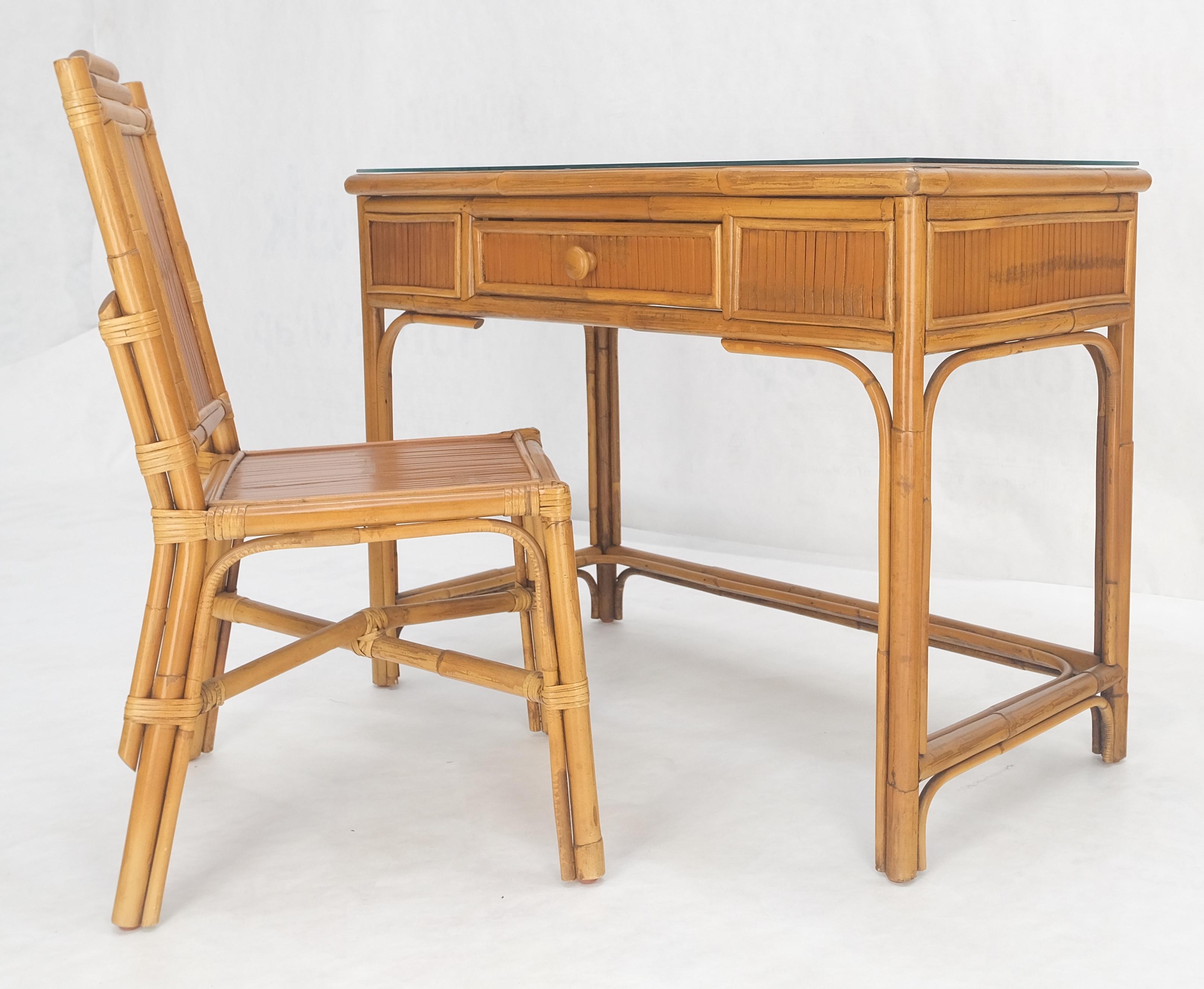 Rattan Light Amber Bamboo Glass Top One Drawer Low Profile Compact Desk w/ Chair MINT