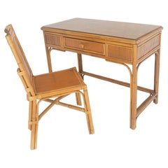 Bureau compact à un tiroir et profil bas en verre de bambou ambré clair avec chaise MINT