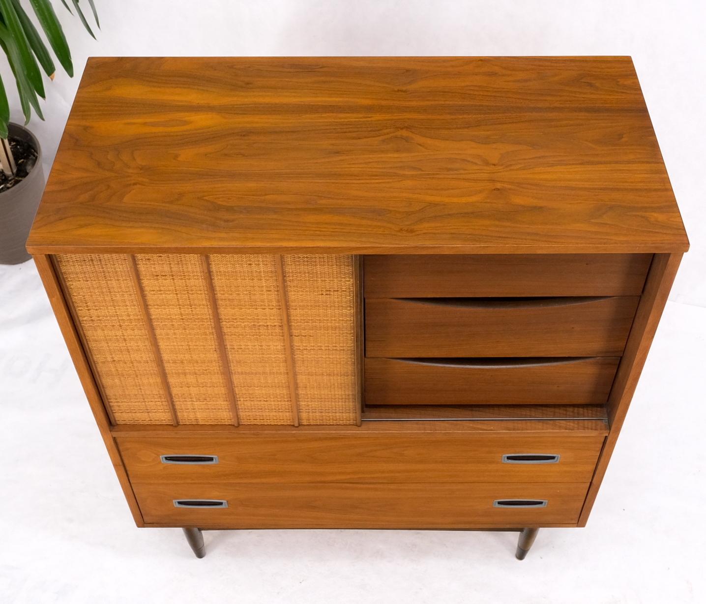 Mid-Century Modern Light American Walnut 8 Drawers High Chest Dresser Cane Sliding Door Compartment For Sale