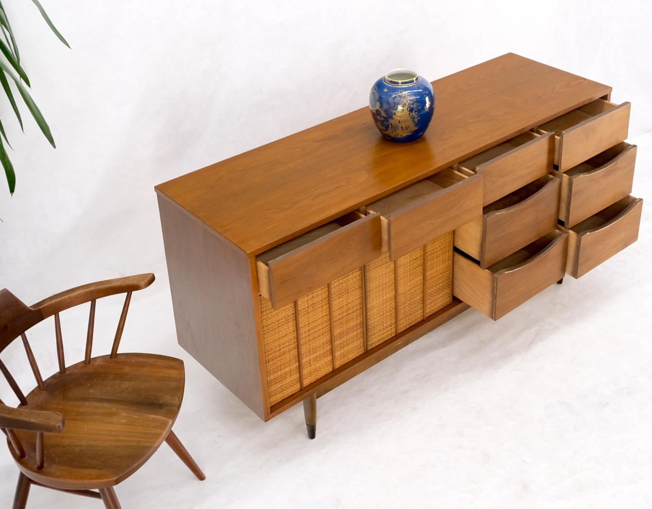 Light American Walnut Multi Drawer Sliding Cane Doors Dowel Leg Long Credenza For Sale 4