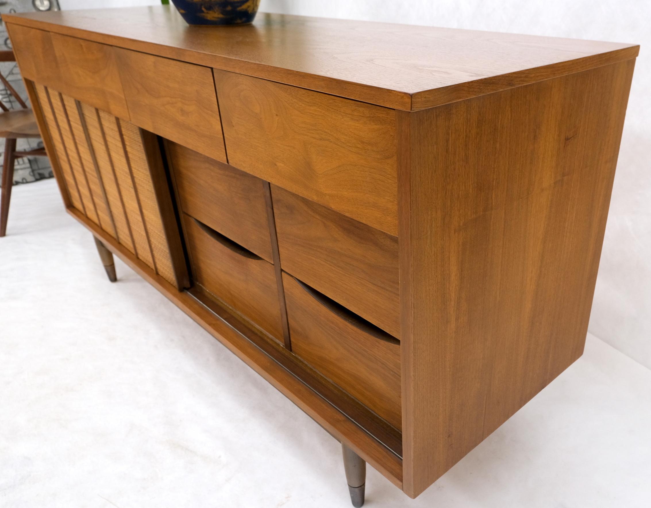 Light American Walnut Multi Drawer Sliding Cane Doors Dowel Leg Long Credenza For Sale 6