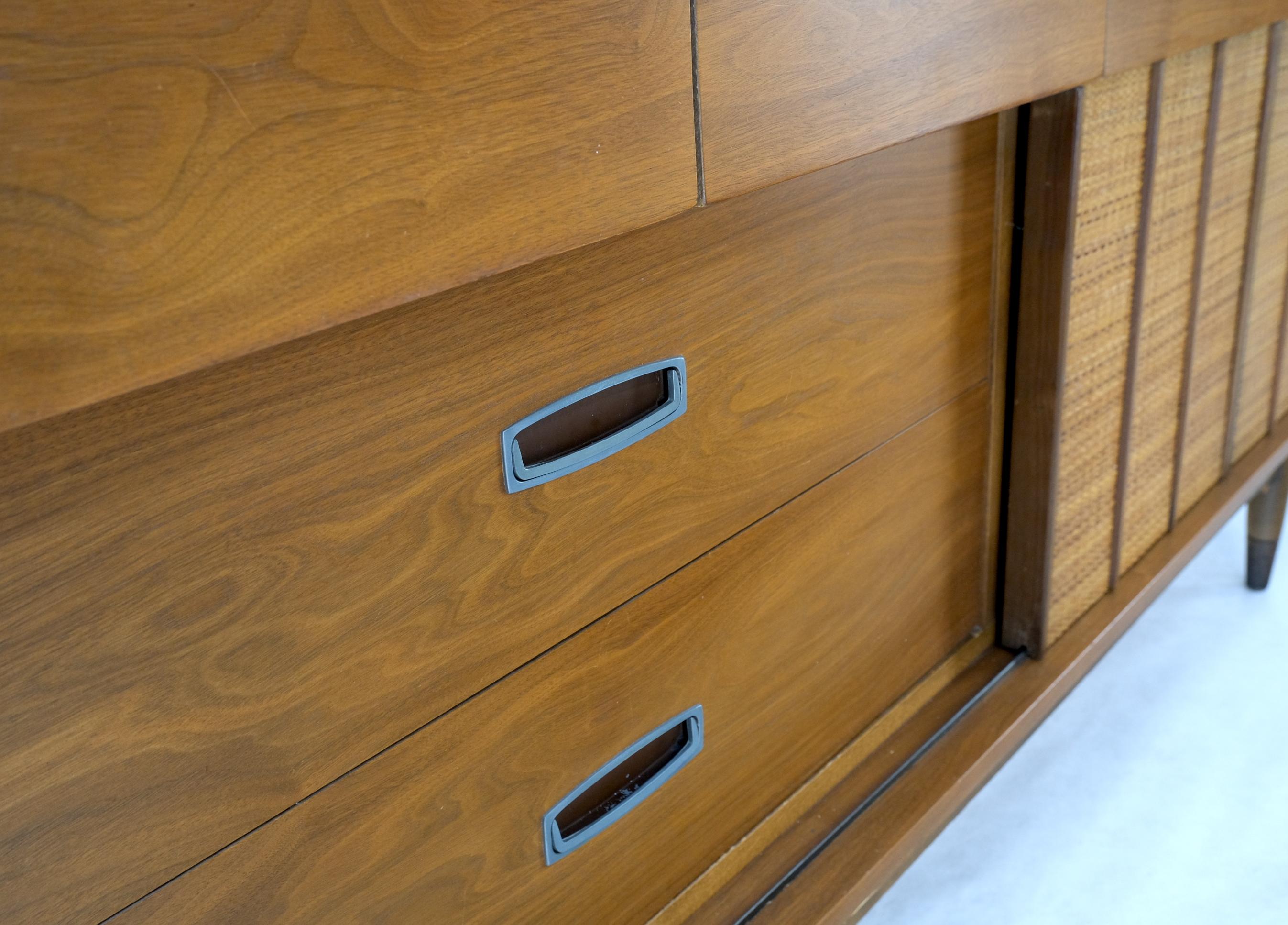 Light American Walnut Multi Drawer Sliding Cane Doors Dowel Leg Long Credenza For Sale 7
