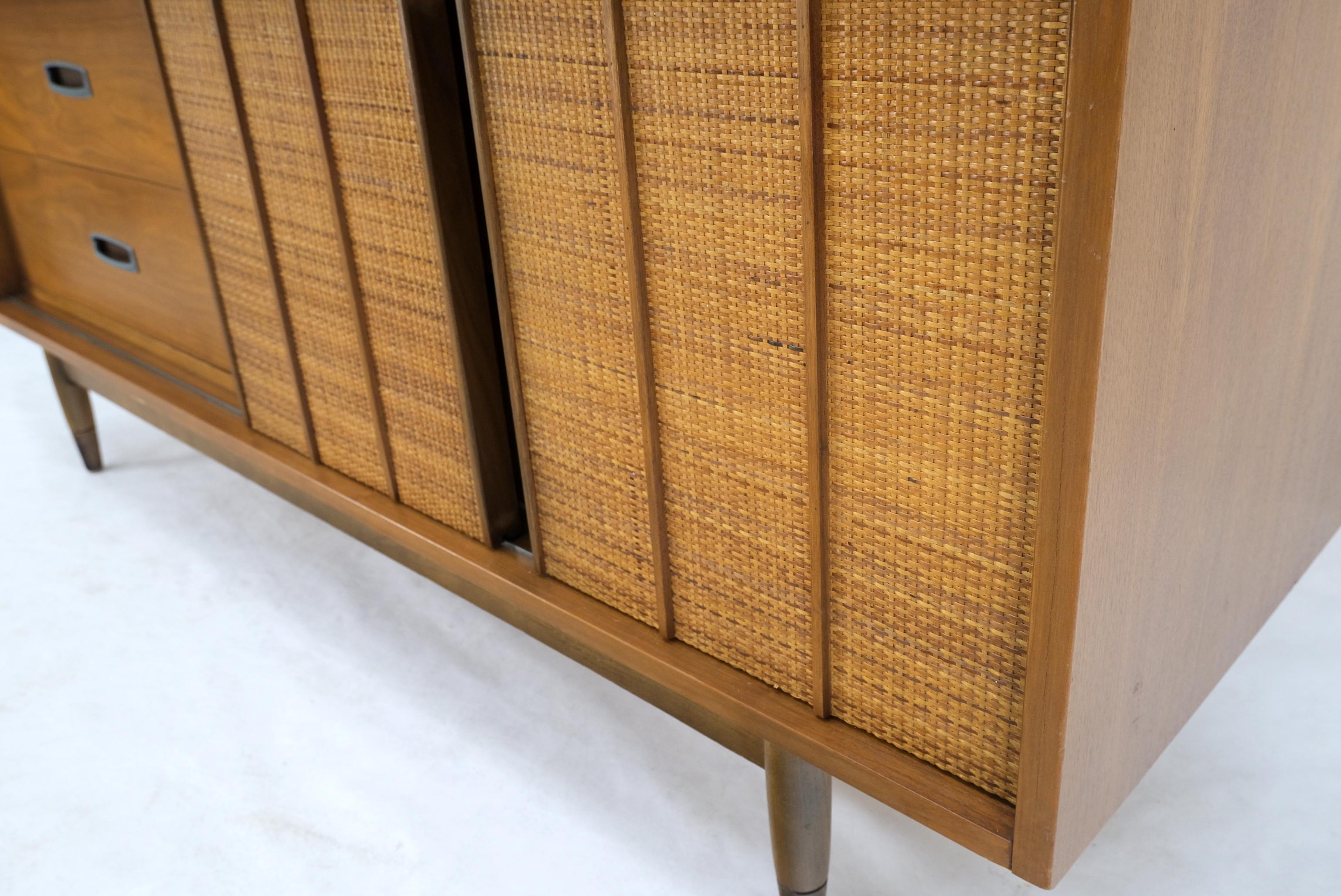 Light American Walnut Multi Drawer Sliding Cane Doors Dowel Leg Long Credenza For Sale 8