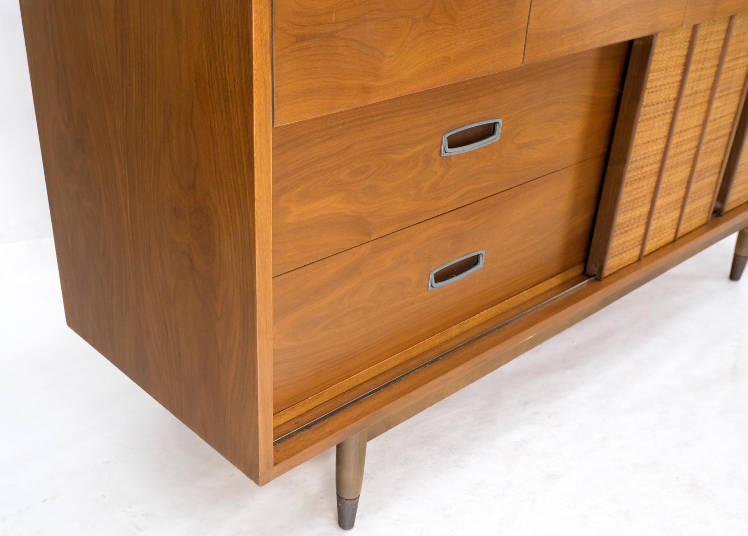 Light American Walnut Multi Drawer Sliding Cane Doors Dowel Leg Long Credenza For Sale 9
