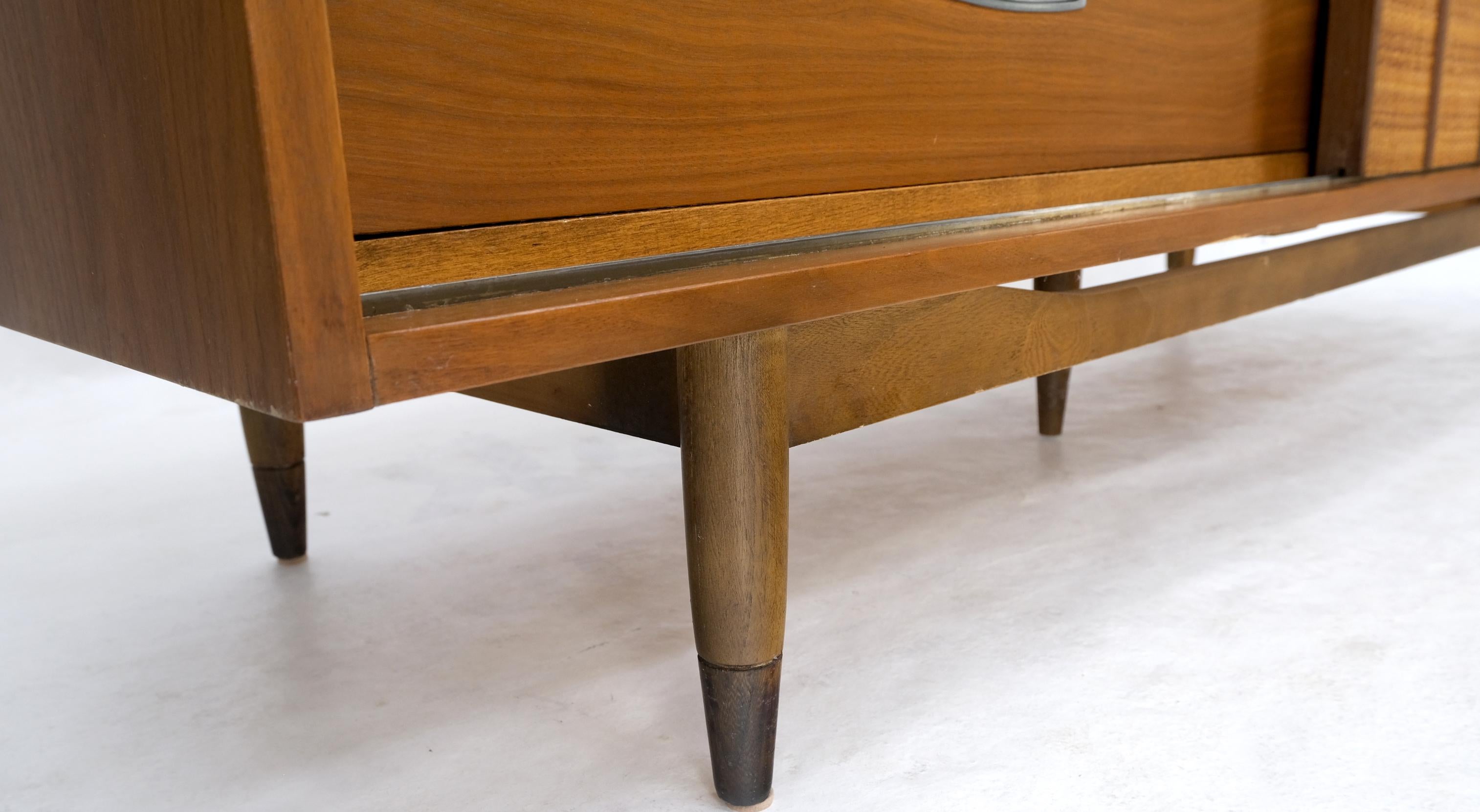 Light American Walnut Multi Drawer Sliding Cane Doors Dowel Leg Long Credenza For Sale 10