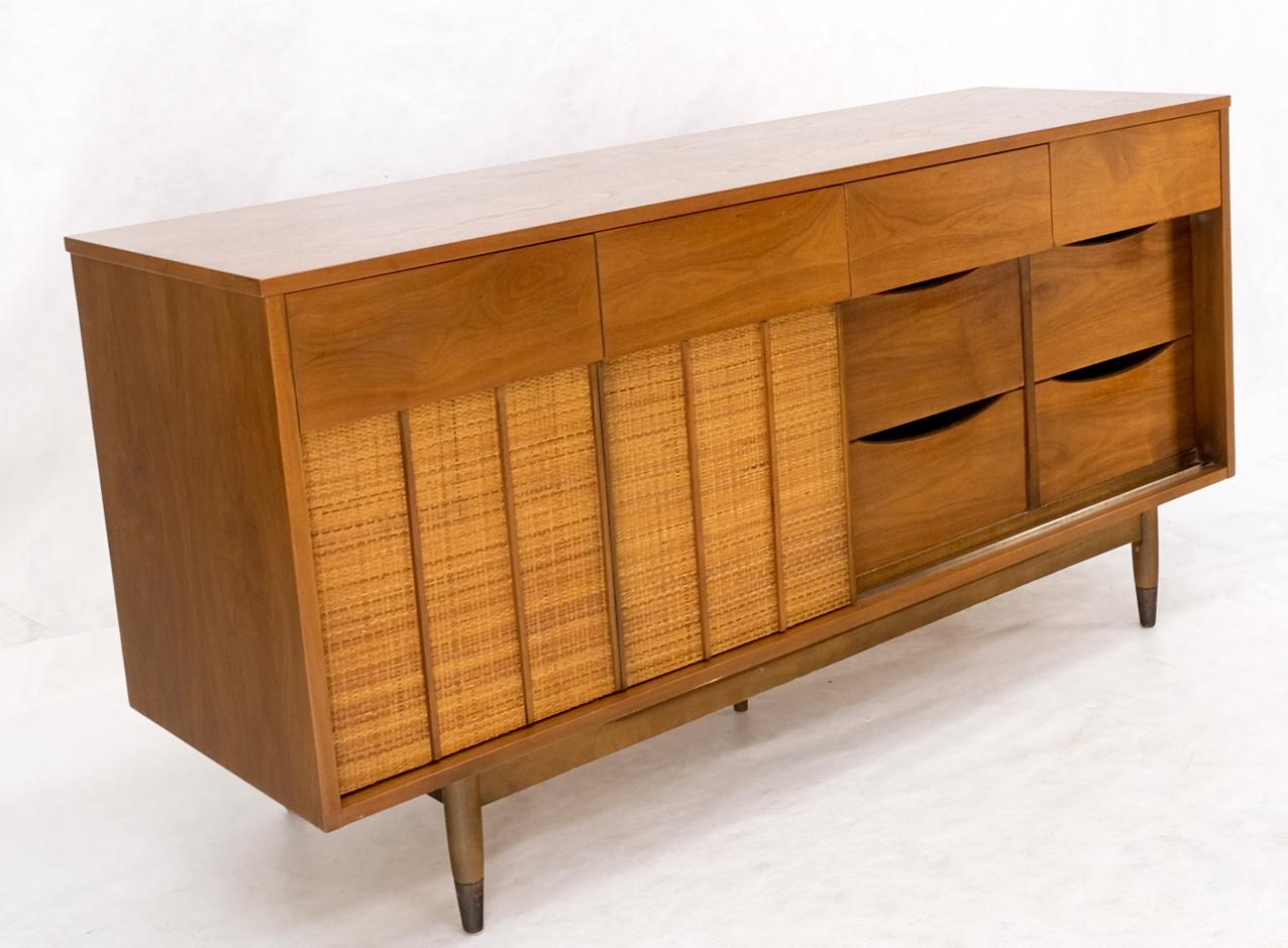 Mid-Century Modern Light American Walnut Multi Drawer Sliding Cane Doors Dowel Leg Long Credenza  For Sale