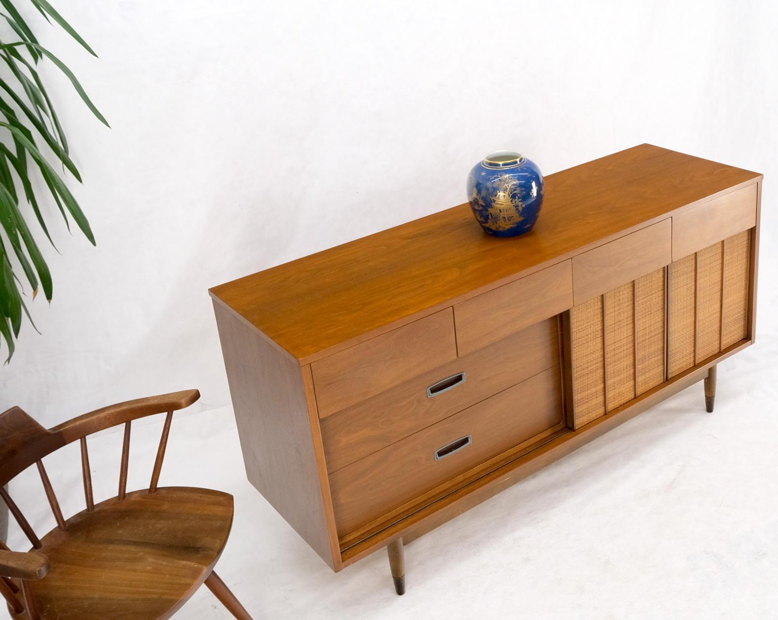 20th Century Light American Walnut Multi Drawer Sliding Cane Doors Dowel Leg Long Credenza  For Sale