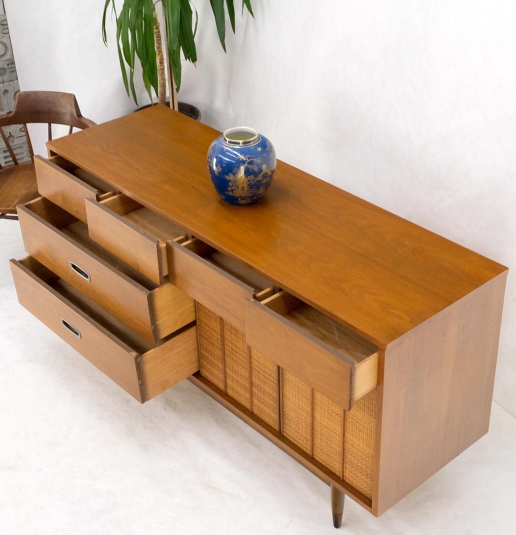 Light American Walnut Multi Drawer Sliding Cane Doors Dowel Leg Long Credenza For Sale 3