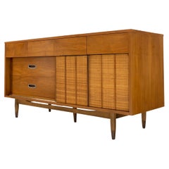 Light American Walnut Multi Drawer Sliding Cane Doors Dowel Leg Long Credenza