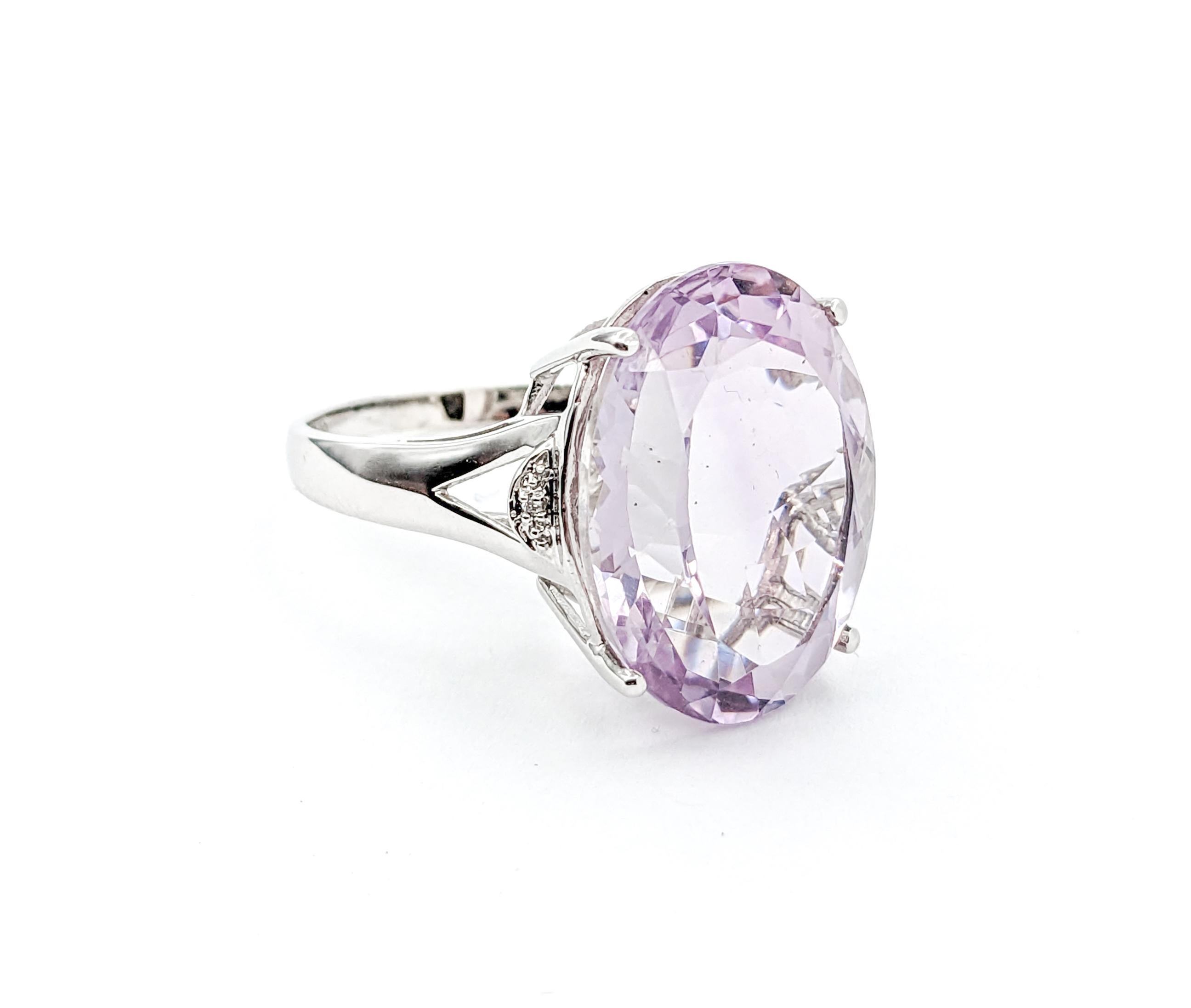17ct Light Amethyst & Diamond Cocktail Ring

This beautiful ring is crafted in 18kt white gold and features an impressive 17.00ct oval-cut amethyst and .01ctw round-cut diamonds, SI2 clarity and G-H color. This ring is size 10 but can be adjusted