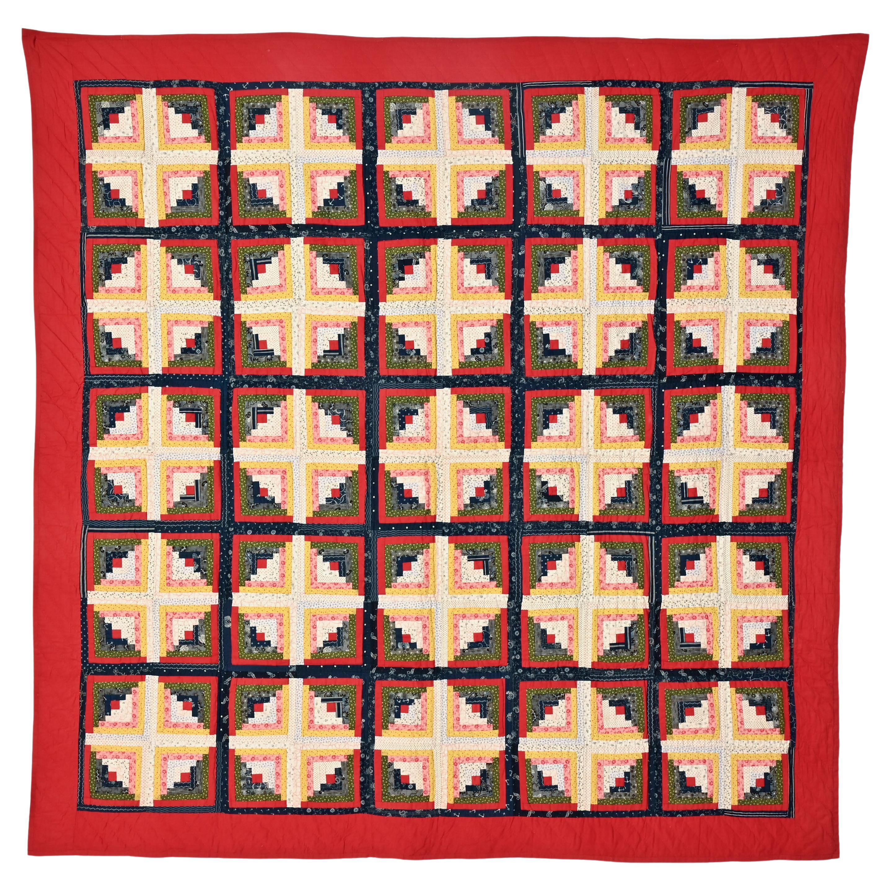 Light and Dark Calico Log Cabin Quilt For Sale