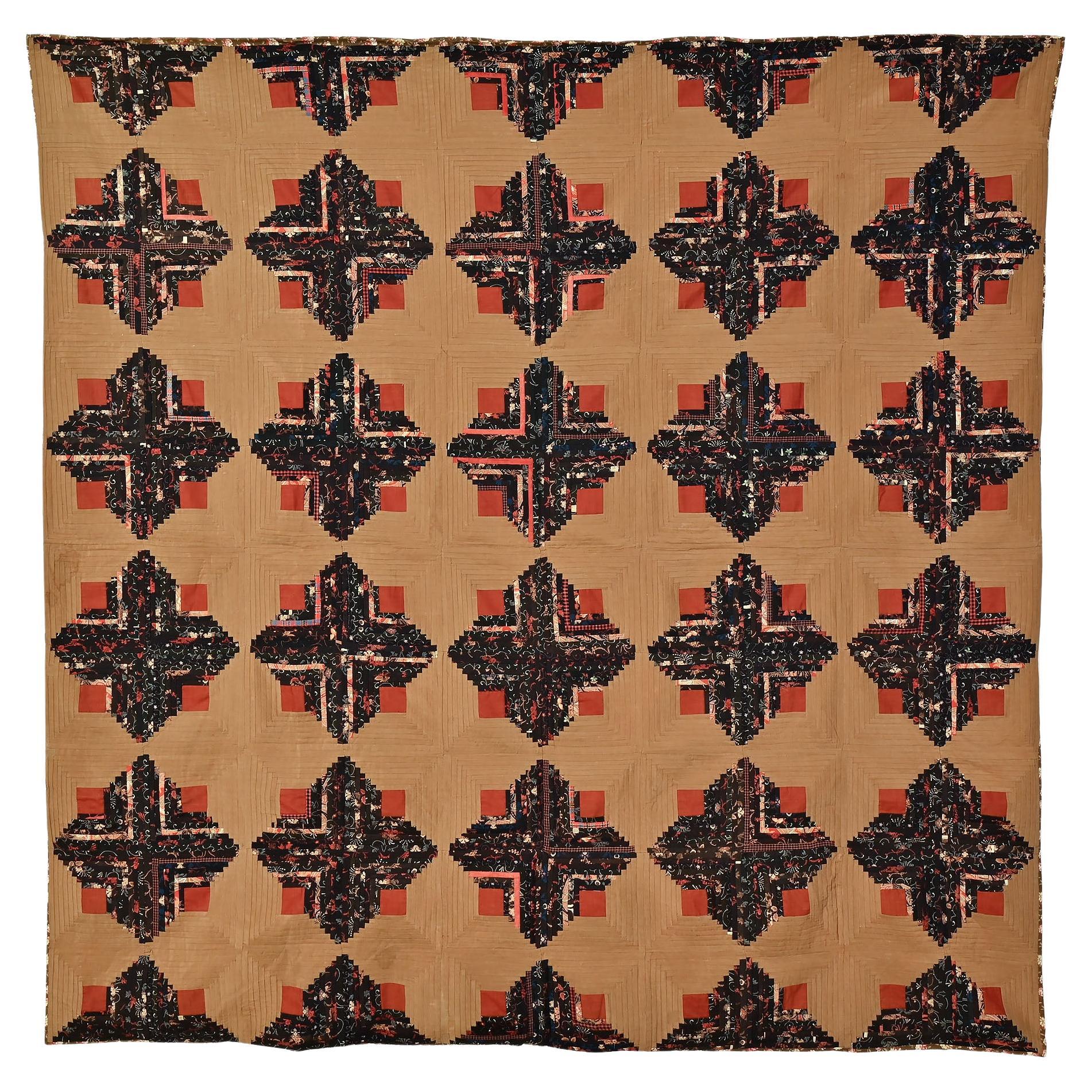 Light and Dark Wool Log Cabin Quilt For Sale