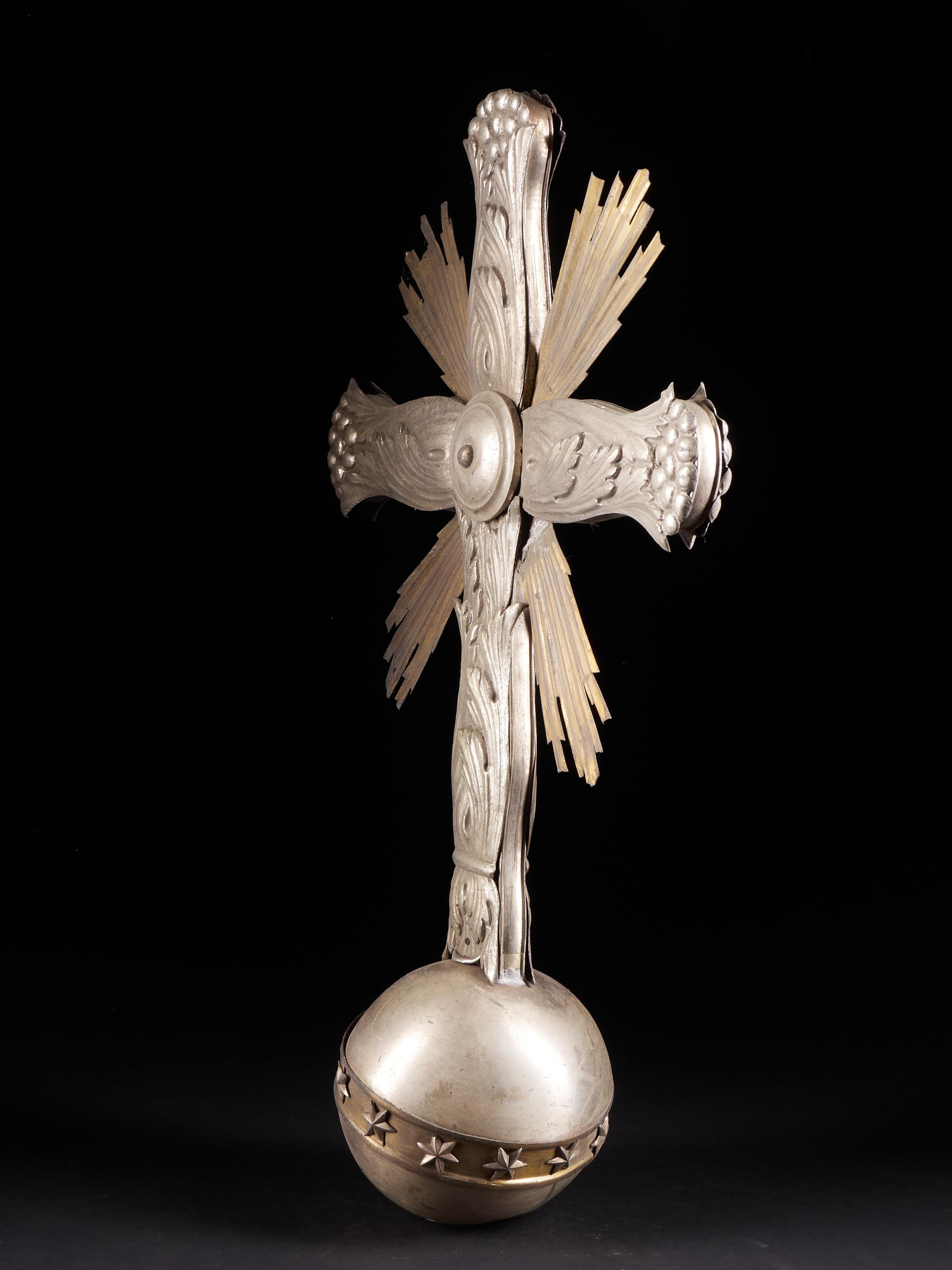 Belgian Light and Elaborately Decorated Antique Metal Cross on a Bowl
