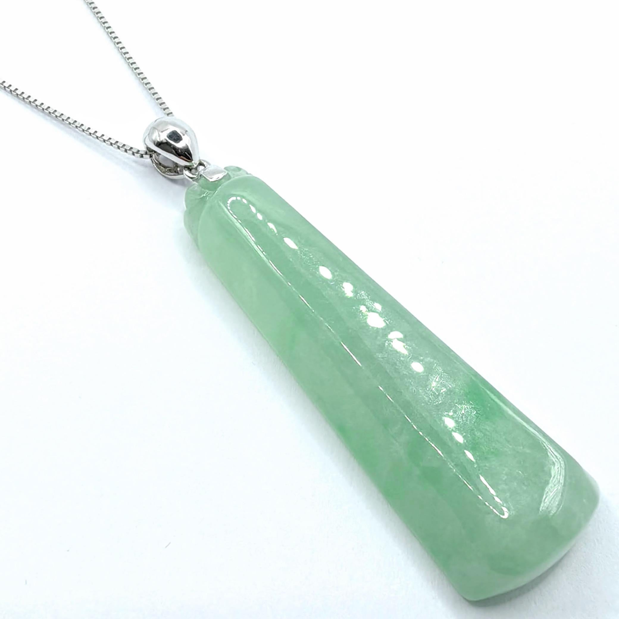 Contemporary Light Apple Green Ice Green Jadeite Jade Tapered Peace Pendant in 18K White Gold For Sale