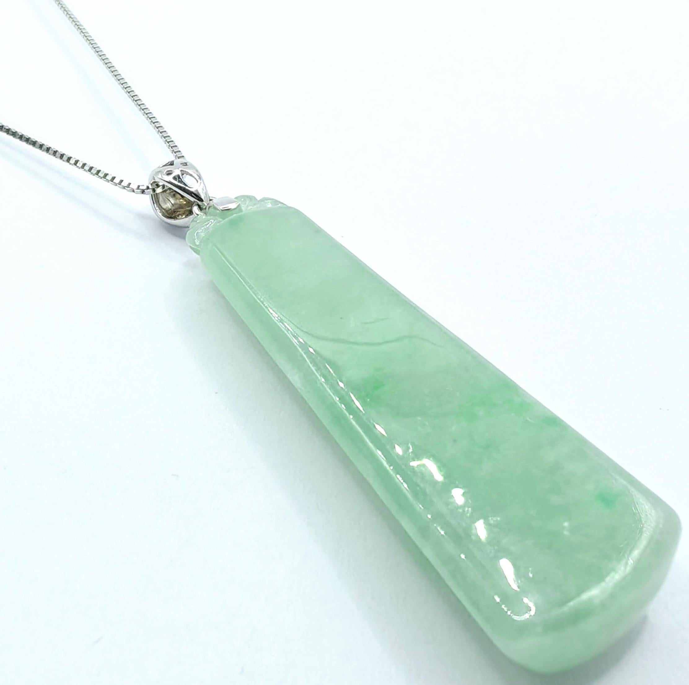 Mixed Cut Light Apple Green Ice Green Jadeite Jade Tapered Peace Pendant in 18K White Gold For Sale