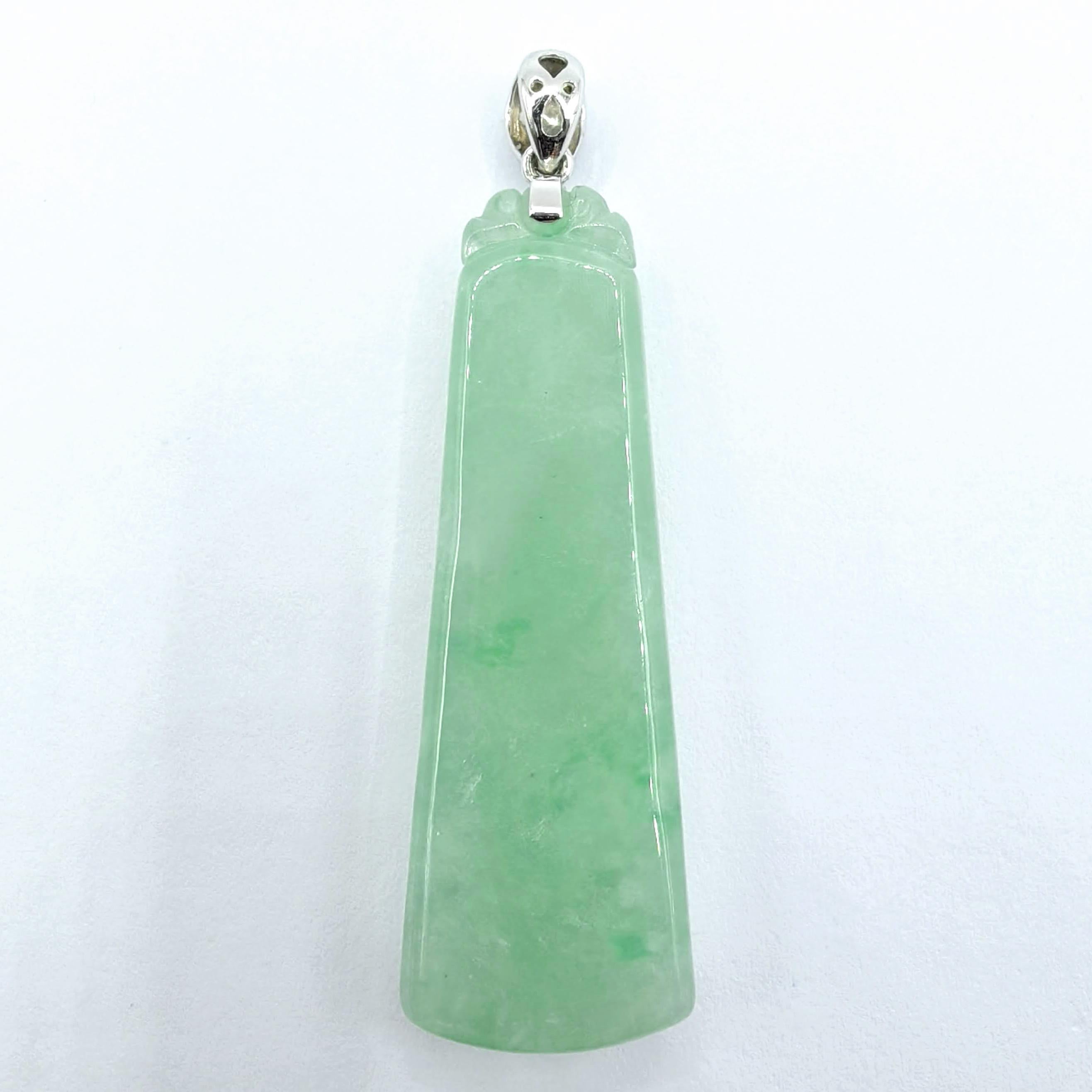 Light Apple Green Ice Green Jadeite Jade Tapered Peace Pendant in 18K White Gold In New Condition For Sale In Wan Chai District, HK