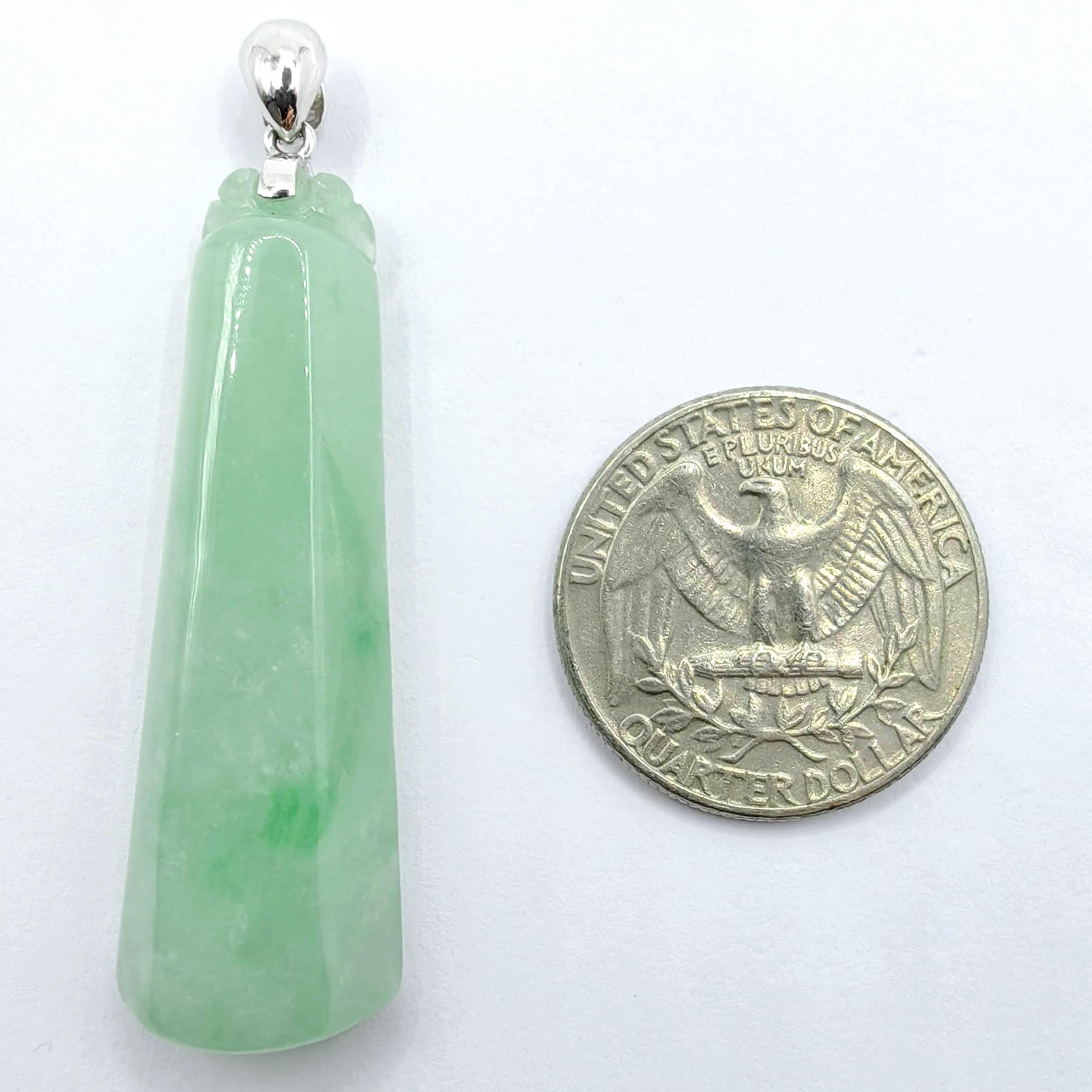 Women's or Men's Light Apple Green Ice Green Jadeite Jade Tapered Peace Pendant in 18K White Gold For Sale