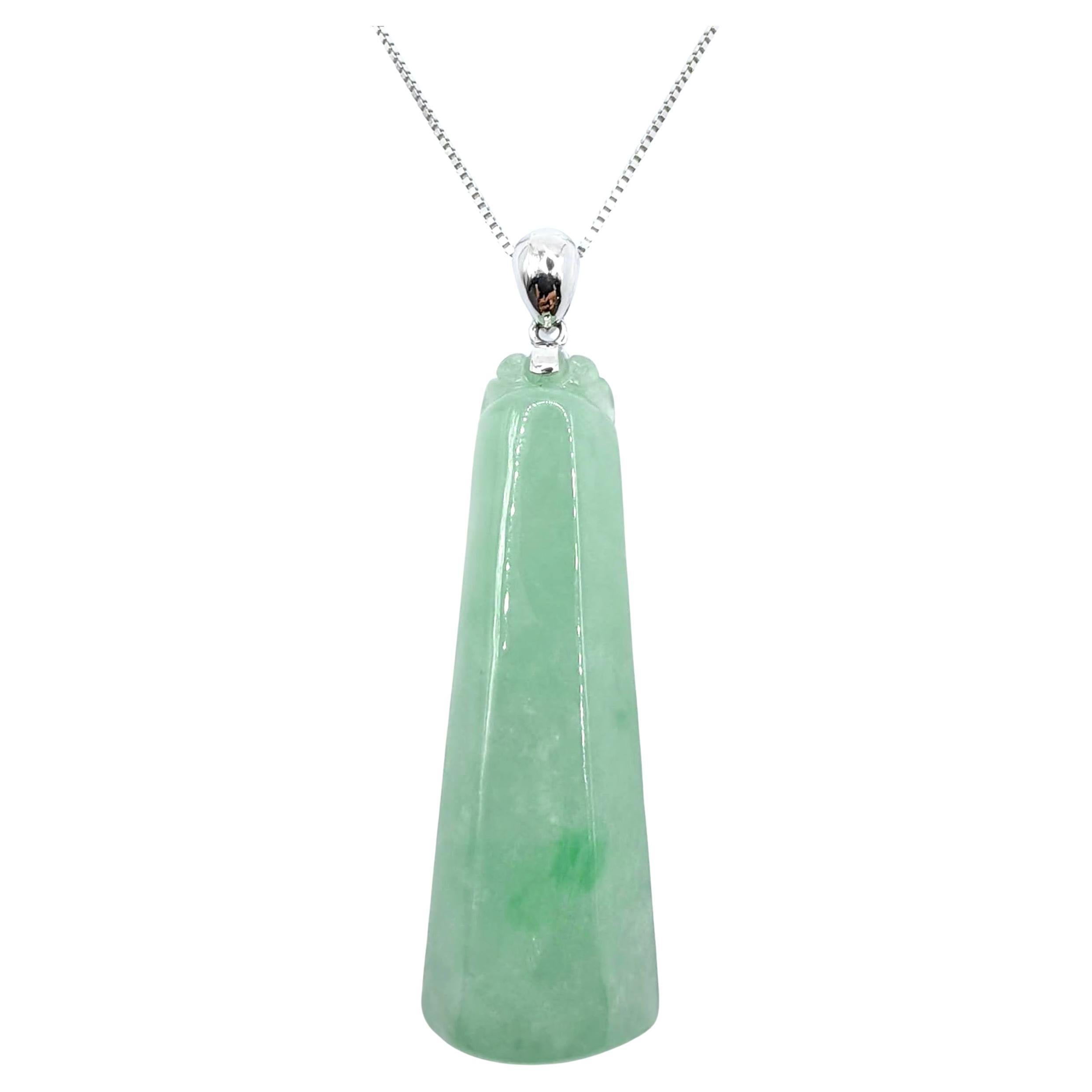 Light Apple Green Ice Green Jadeite Jade Tapered Peace Pendant in 18K White Gold
