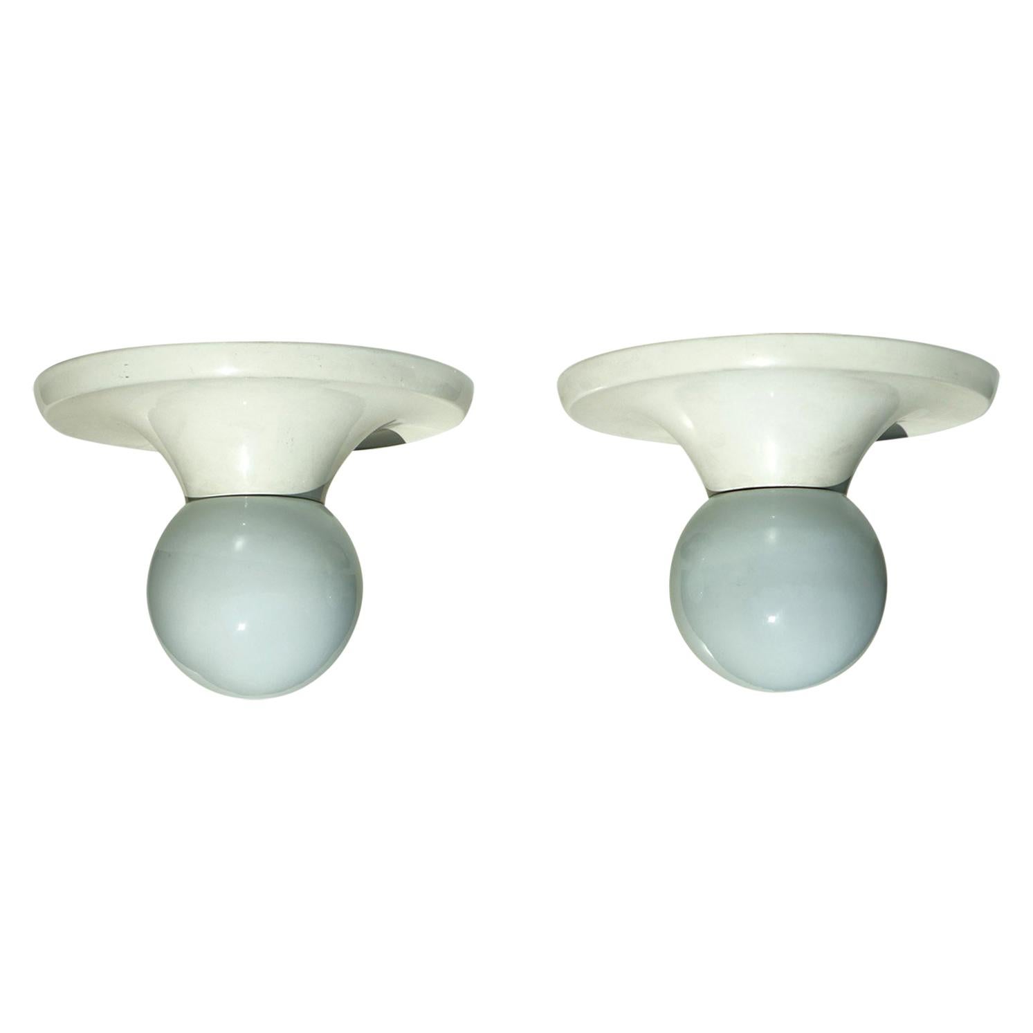"Light Ball" Castiglioni by Flos Italian Design White Flush Mont Pair of Lamps For Sale