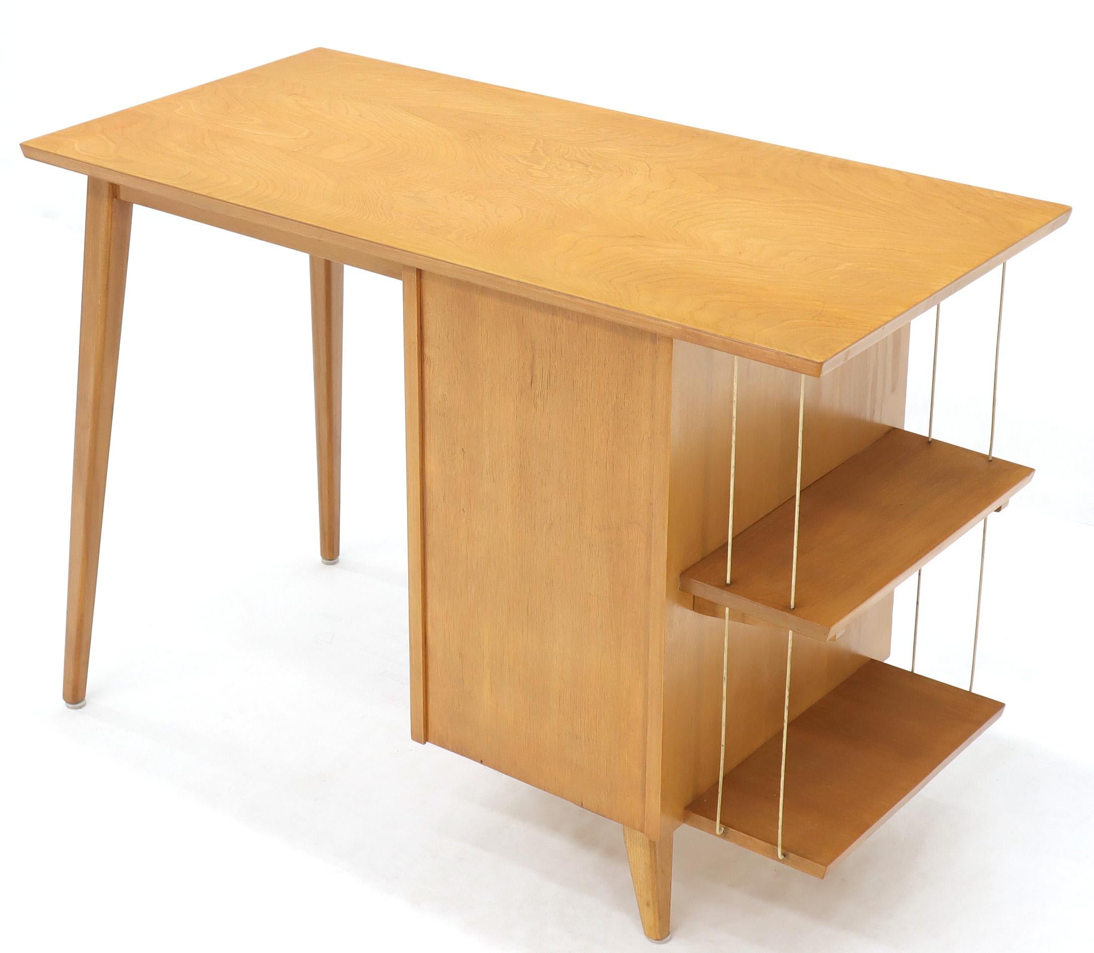 Mid-Century Modern Light Birch Single Pedestal Petit Desk with Bookcase and Three Drawers