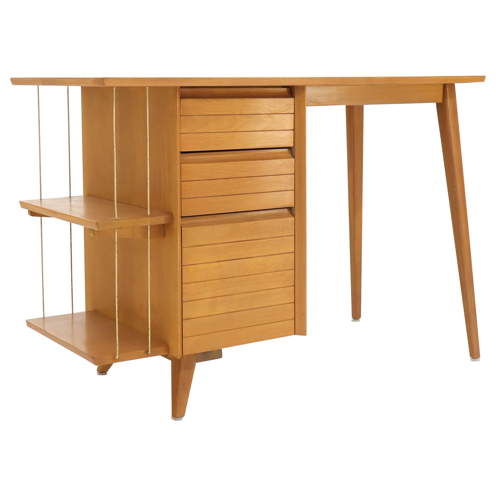 Light Birch Single Pedestal Petit Desk with Bookcase and Three Drawers