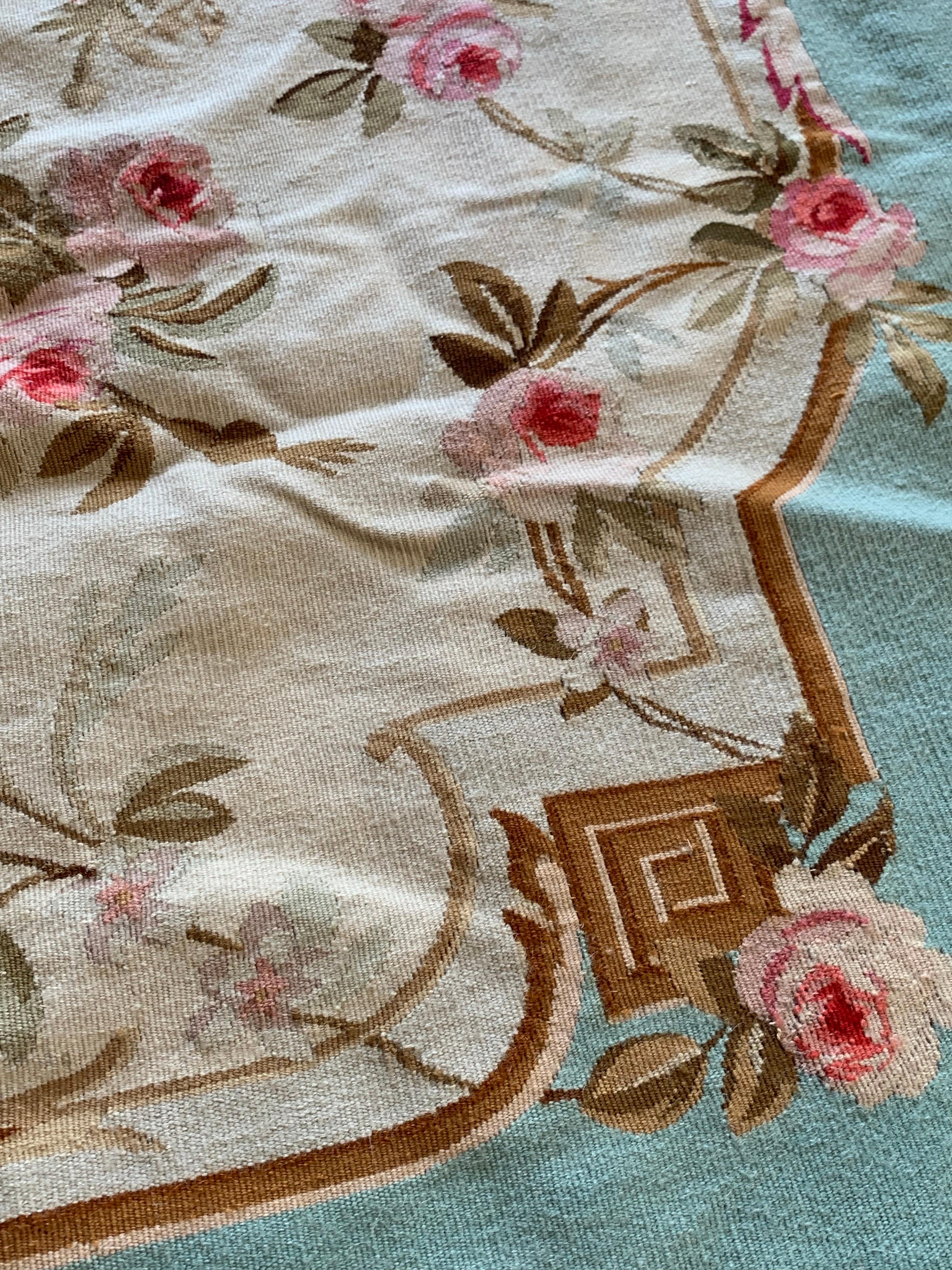 Hand-Woven Light Blue 19th Century Floral French Aubusson Portière Decorative Tapestry For Sale