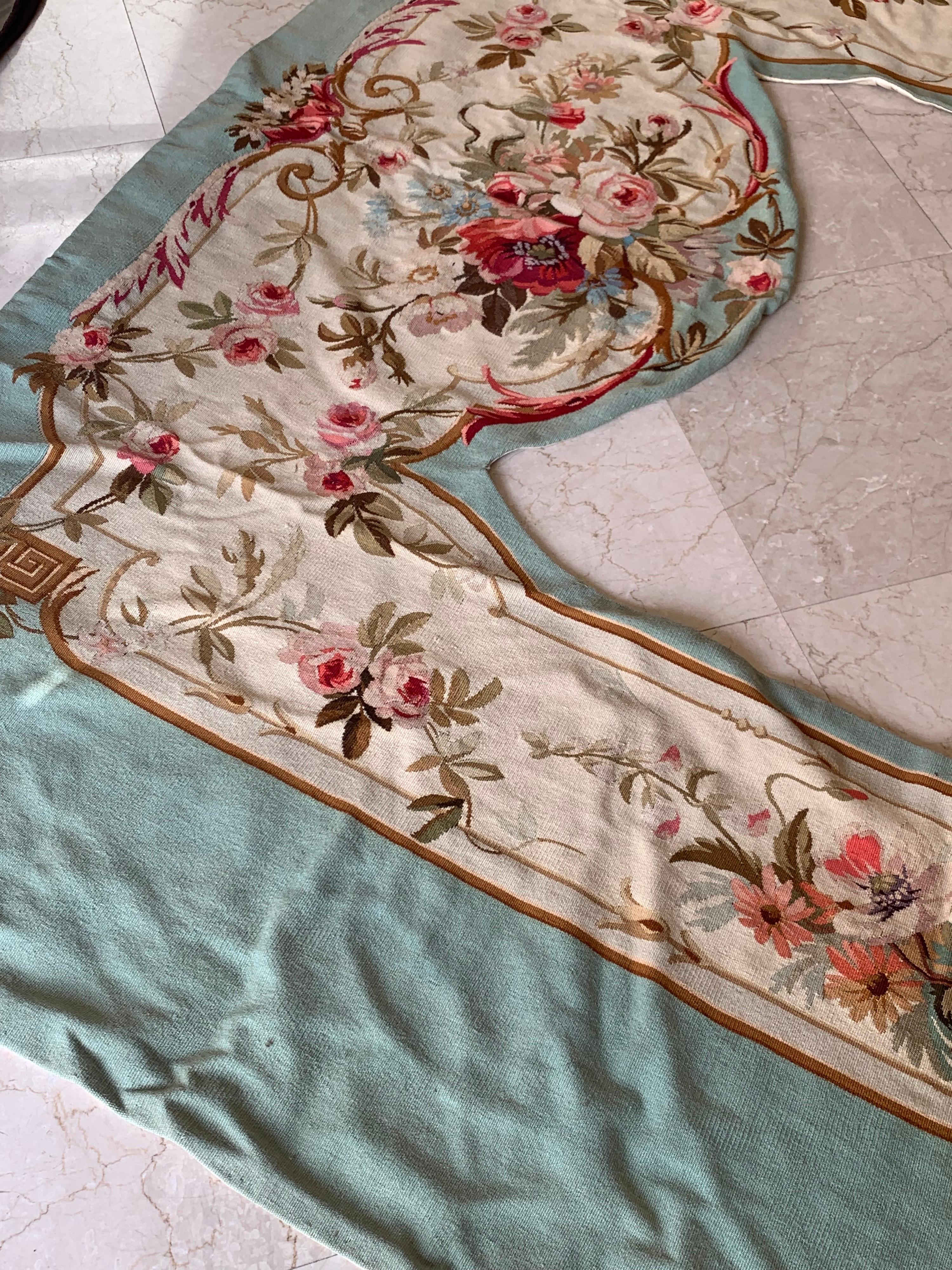Light Blue 19th Century Floral French Aubusson Portière Decorative Tapestry In Excellent Condition For Sale In New York, NY