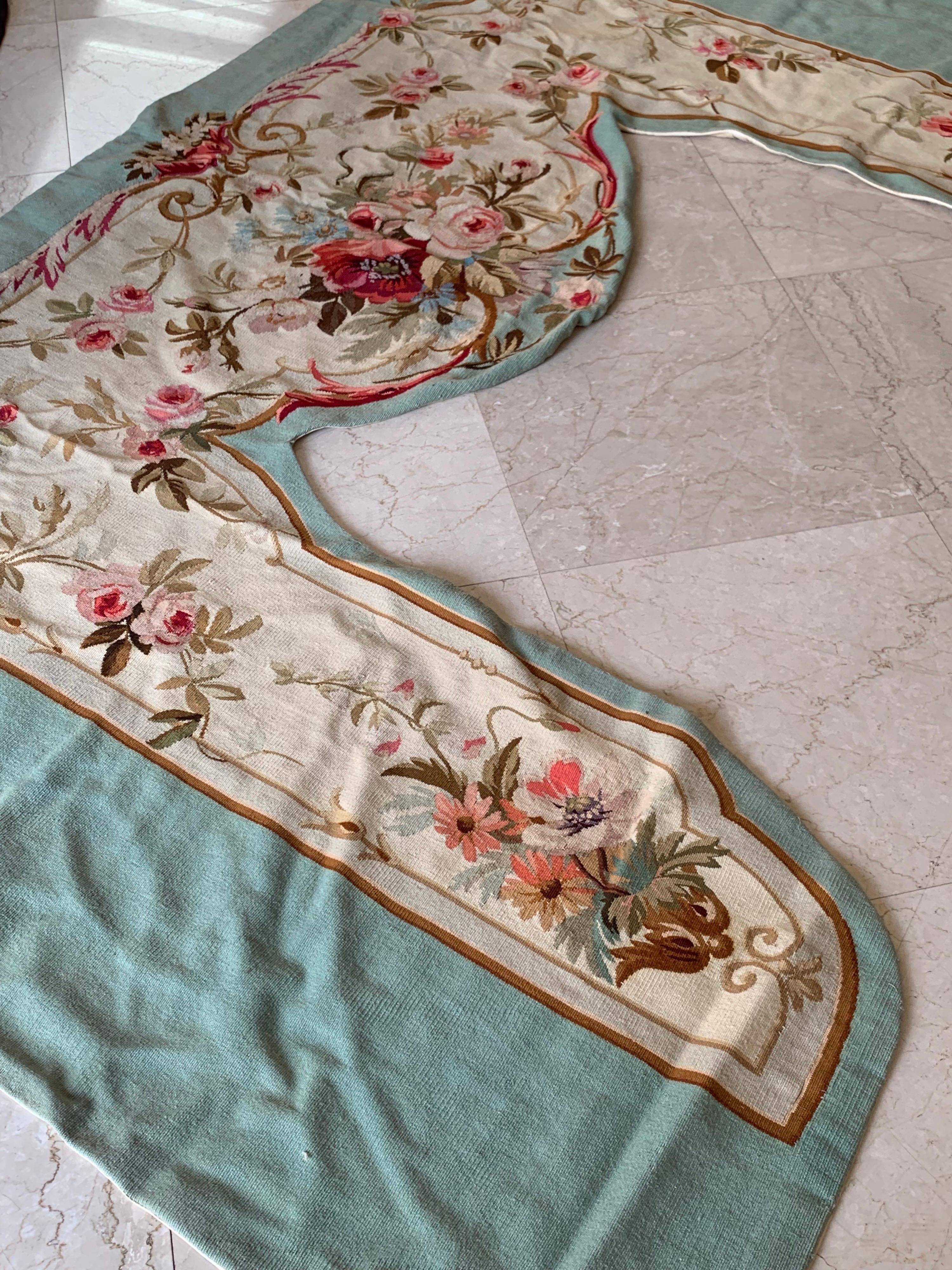 Mid-19th Century Light Blue 19th Century Floral French Aubusson Portière Decorative Tapestry For Sale