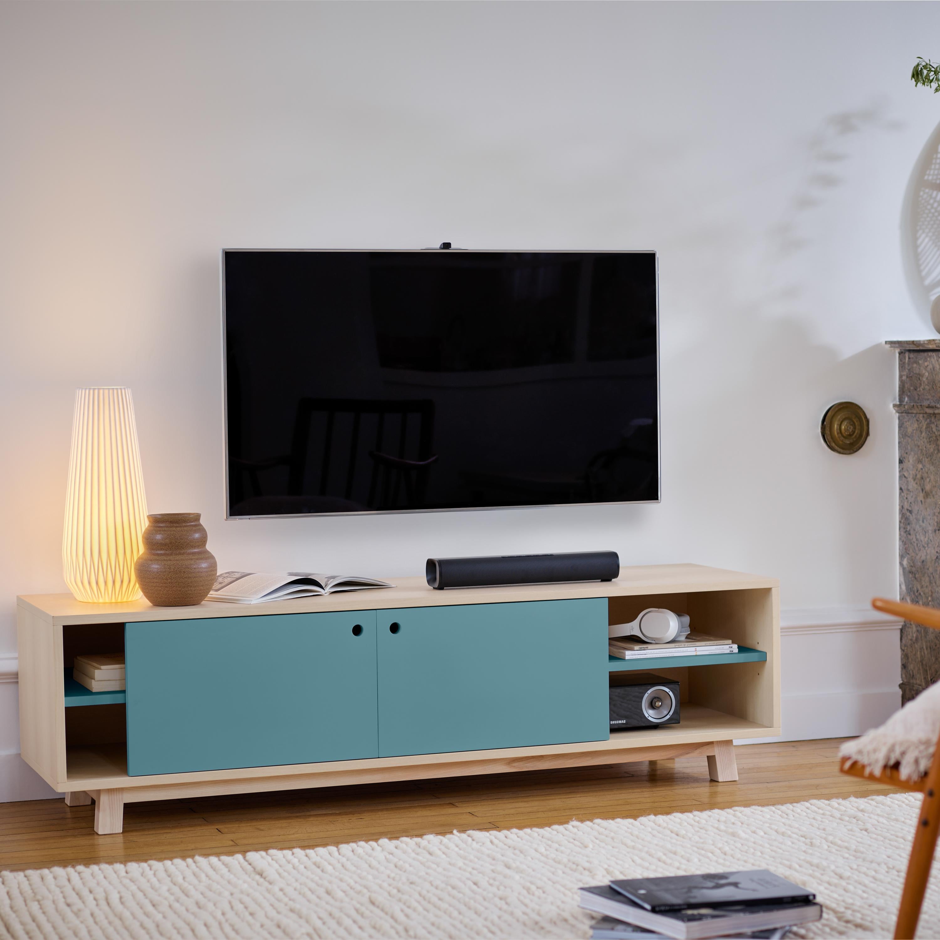 Hellblauer 2-türiger Fernsehschrank aus Eschenholz, skandinavisches Design von Eric Gizard, Paris (Skandinavische Moderne) im Angebot