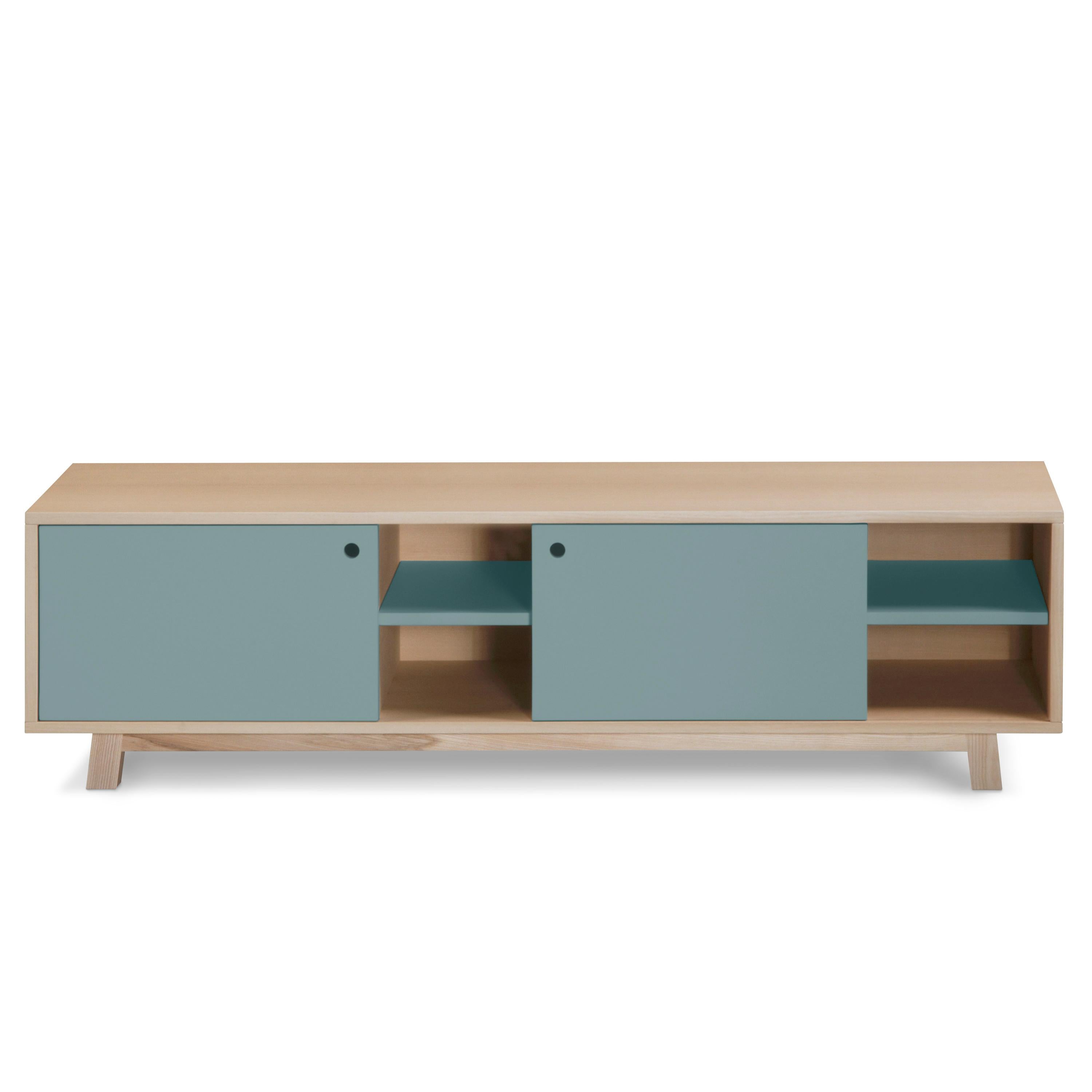 Laqué Meuble TV à 2 portes bleu-gris en bois de frêne, design Eric Gizard, Paris + 10 couleurs en vente