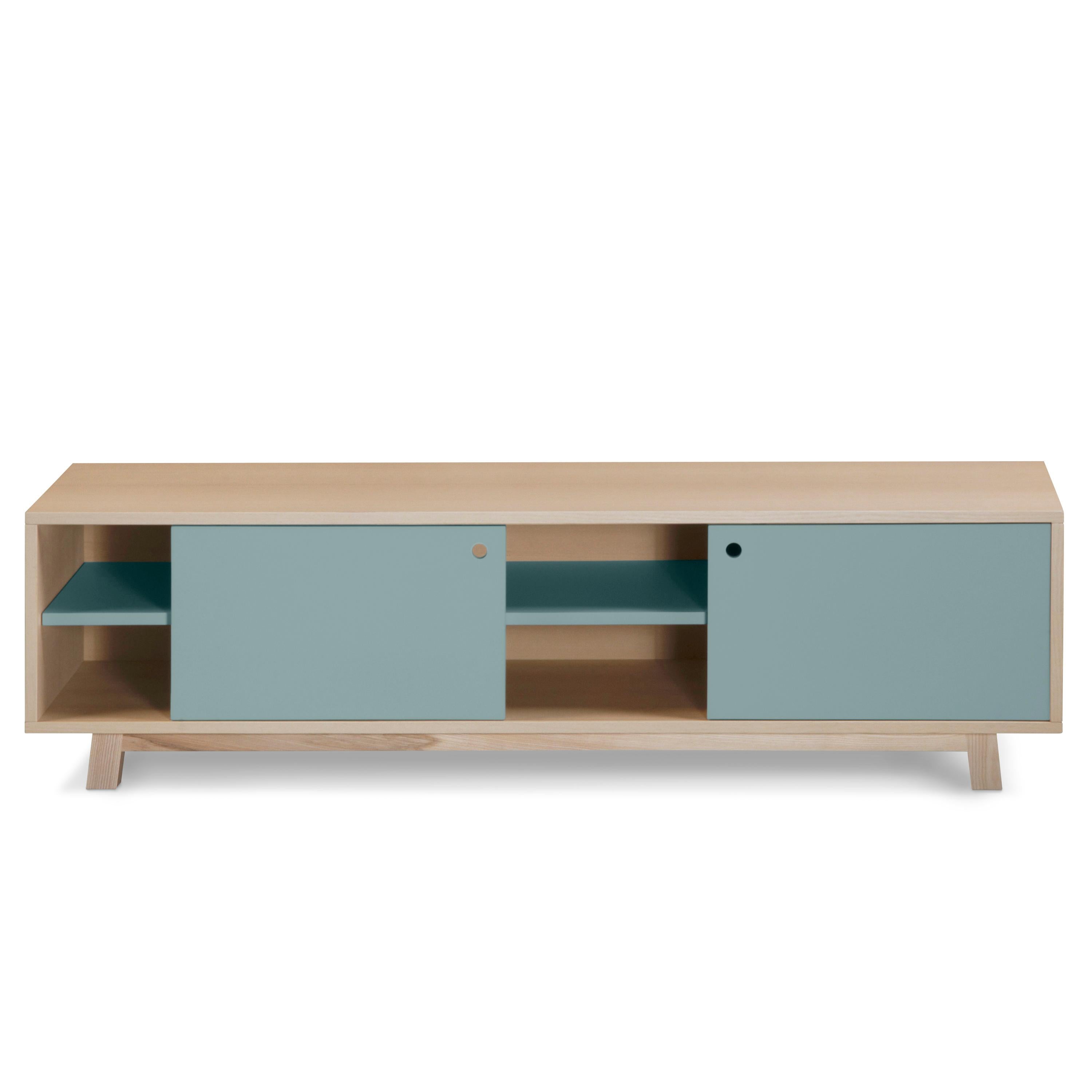 Meuble TV à 2 portes bleu-gris en bois de frêne, design Eric Gizard, Paris + 10 couleurs Neuf - En vente à Landivy, FR